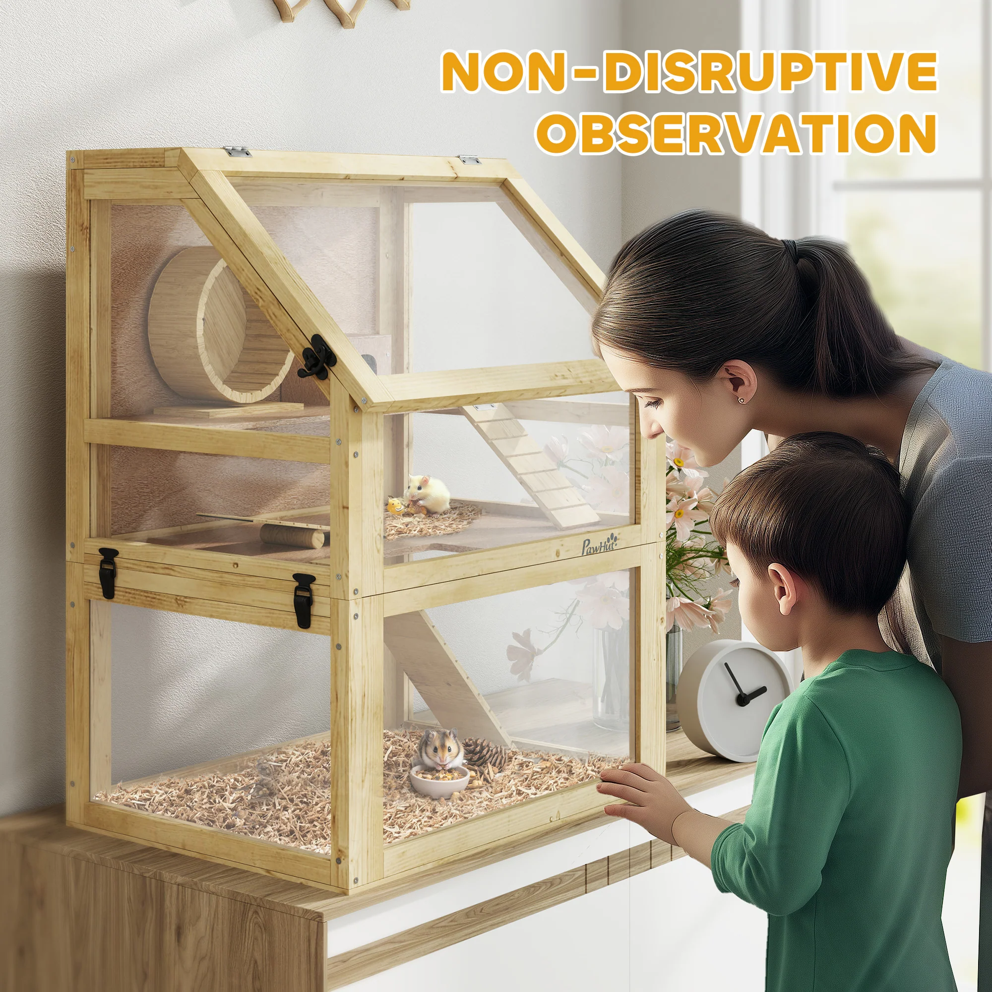 PawHut Wooden Hamster Cage w/ Detachable Bottom, Hut, Seesaw, 60 x 40 x 75cm - Image 7