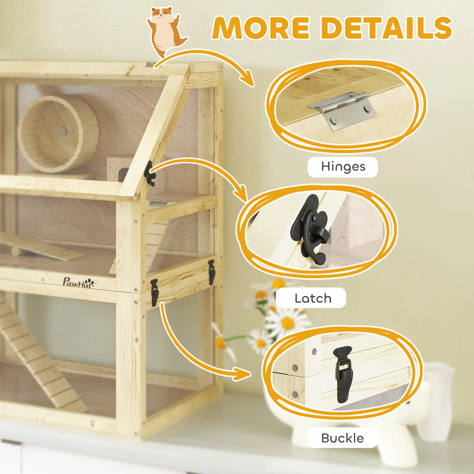 PawHut Wooden Hamster Cage w/ Detachable Bottom, Hut, Seesaw, 60 x 40 x 75cm - Image 8
