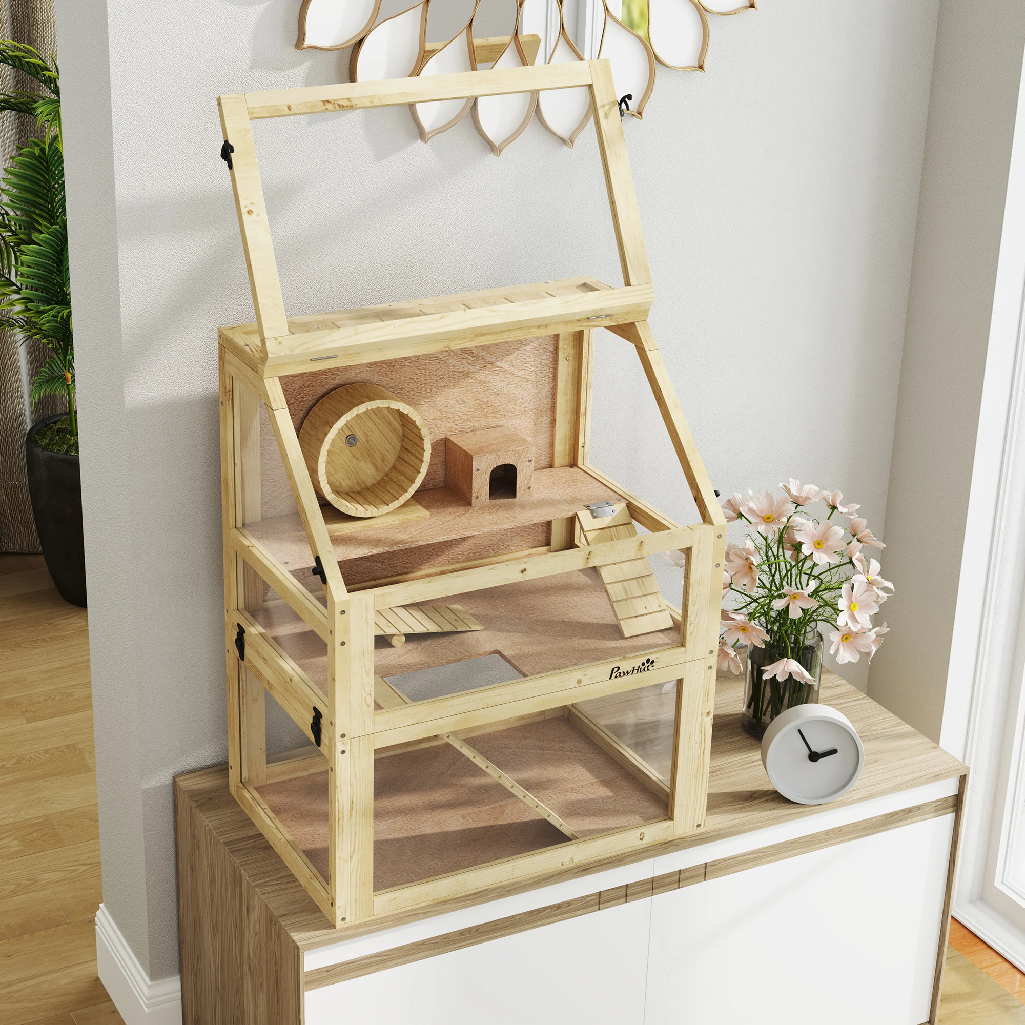 PawHut Wooden Hamster Cage w/ Detachable Bottom, Hut, Seesaw, 60 x 40 x 75cm - Image 9
