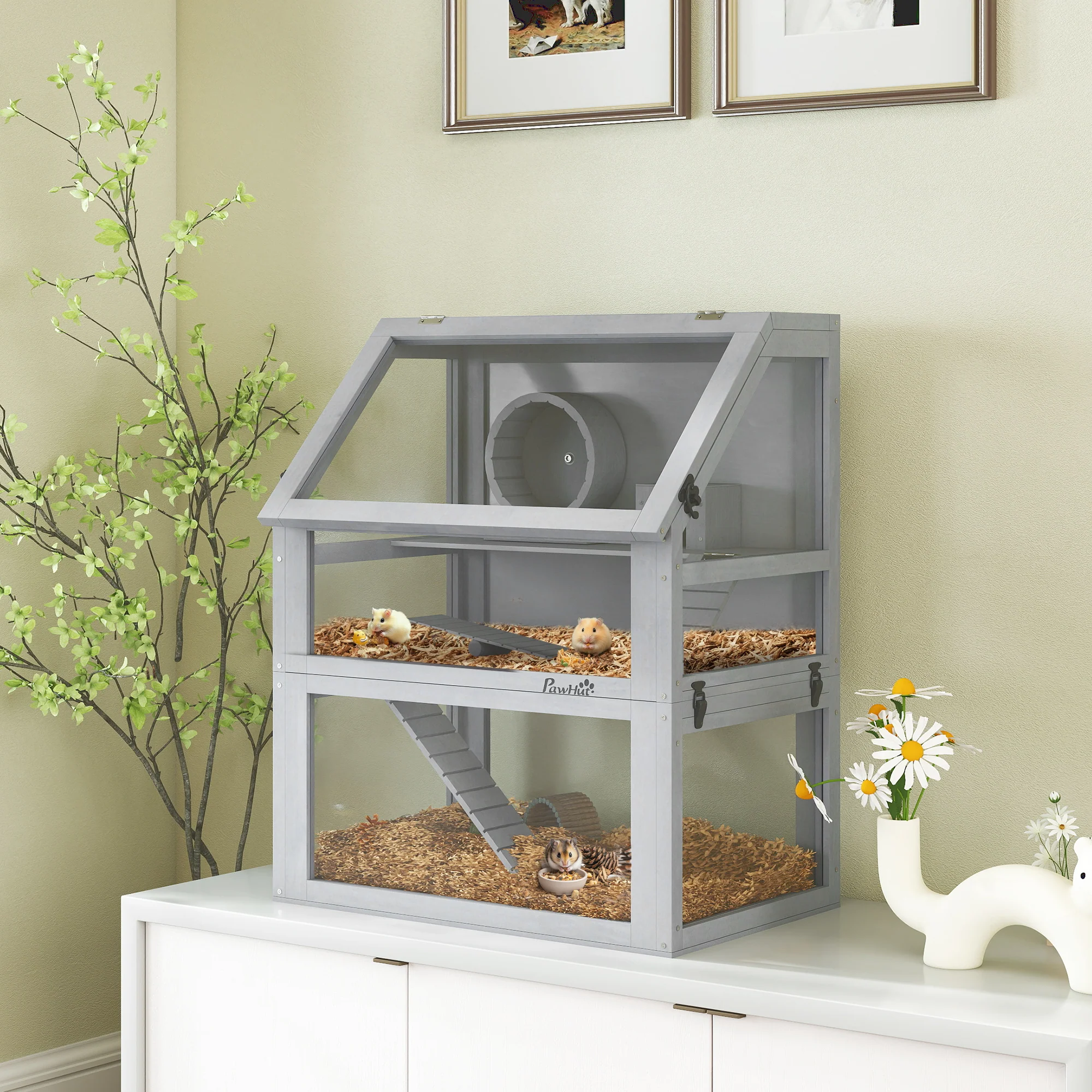 PawHut Wooden Hamster Cage w/ Detachable Bottom, Hut, Seesaw, Light Grey - Image 2