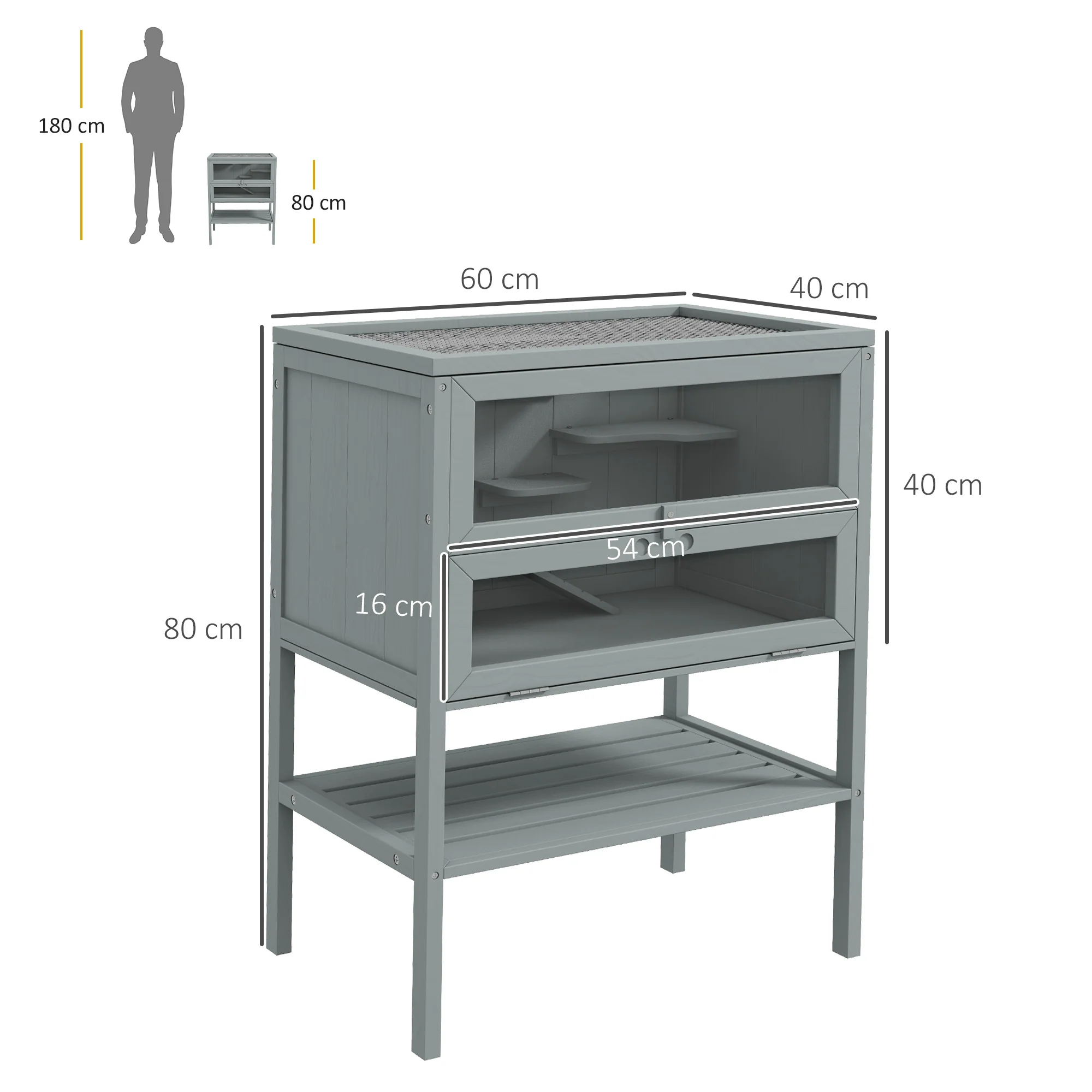 PawHut Wooden Hamster Cage w/ Storage Shelf, Openable Top for Gerbils, Grey - Image 5