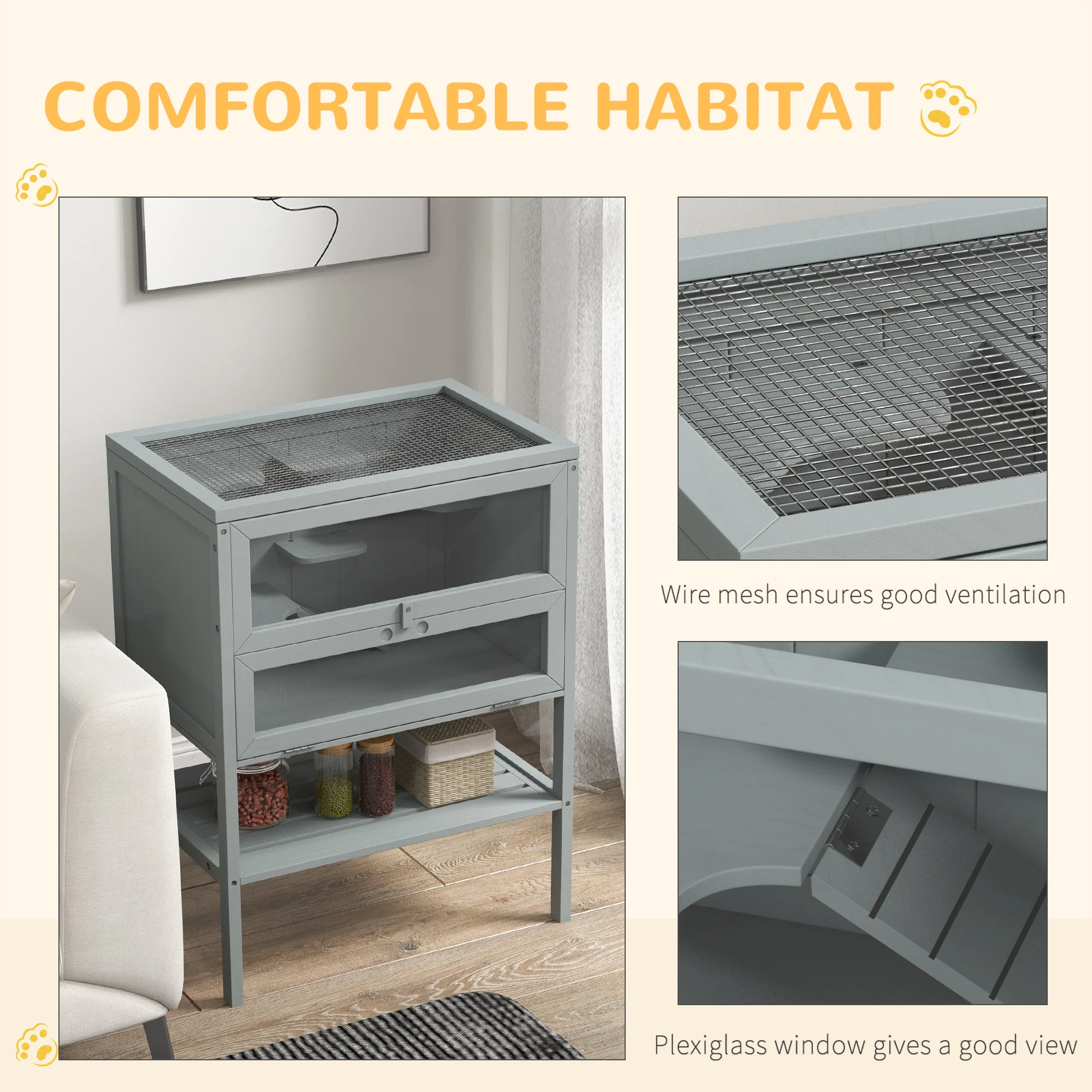 PawHut Wooden Hamster Cage w/ Storage Shelf, Openable Top for Gerbils, Grey - Image 6