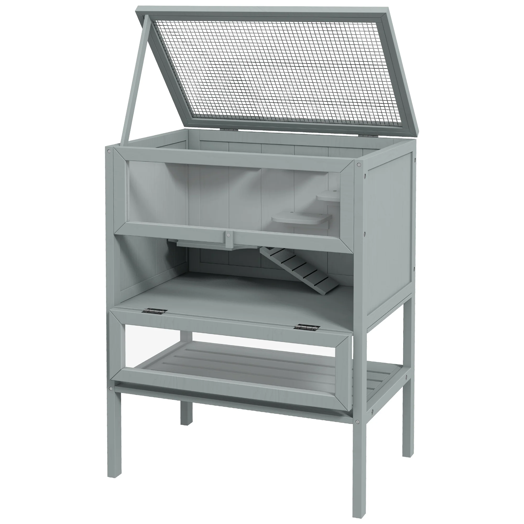 PawHut Wooden Hamster Cage w/ Storage Shelf, Openable Top for Gerbils, Grey - Image 8