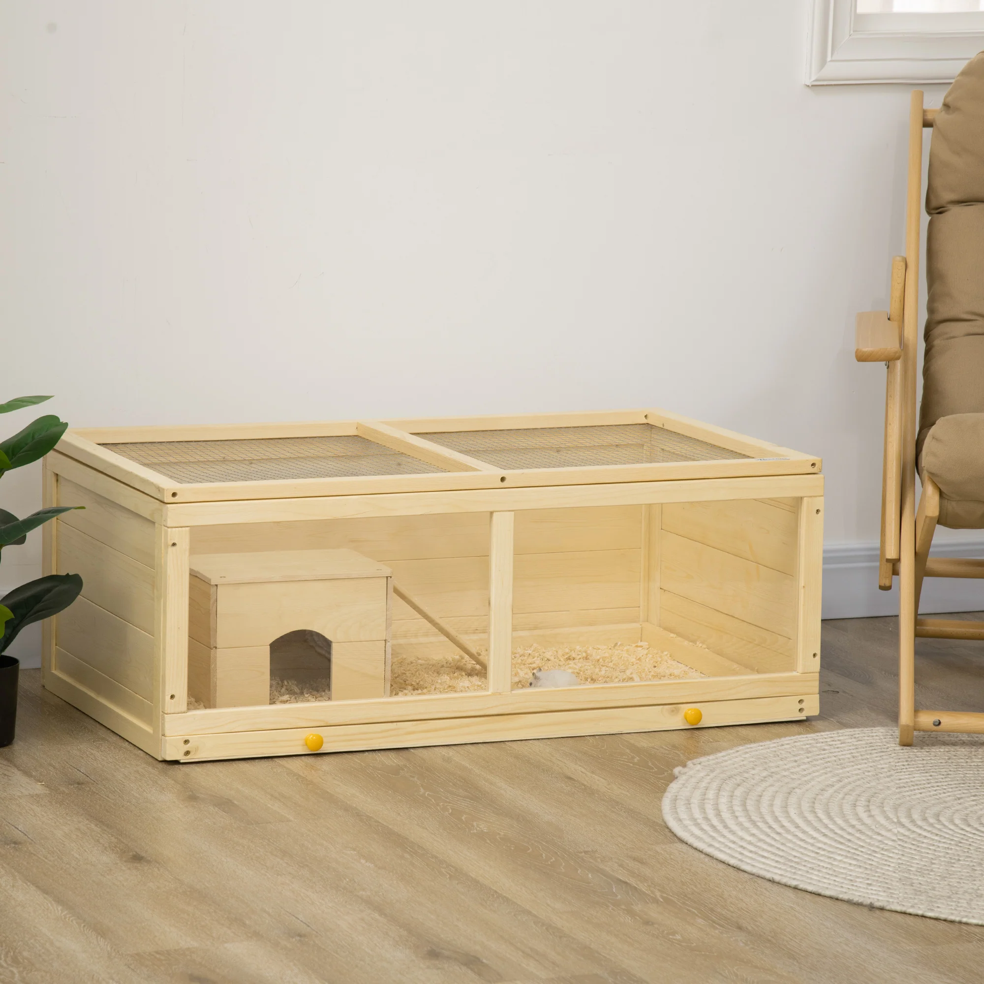 PawHut Wooden Hamster Cage with Sliding Tray, Openable Top, Hut - Image 11