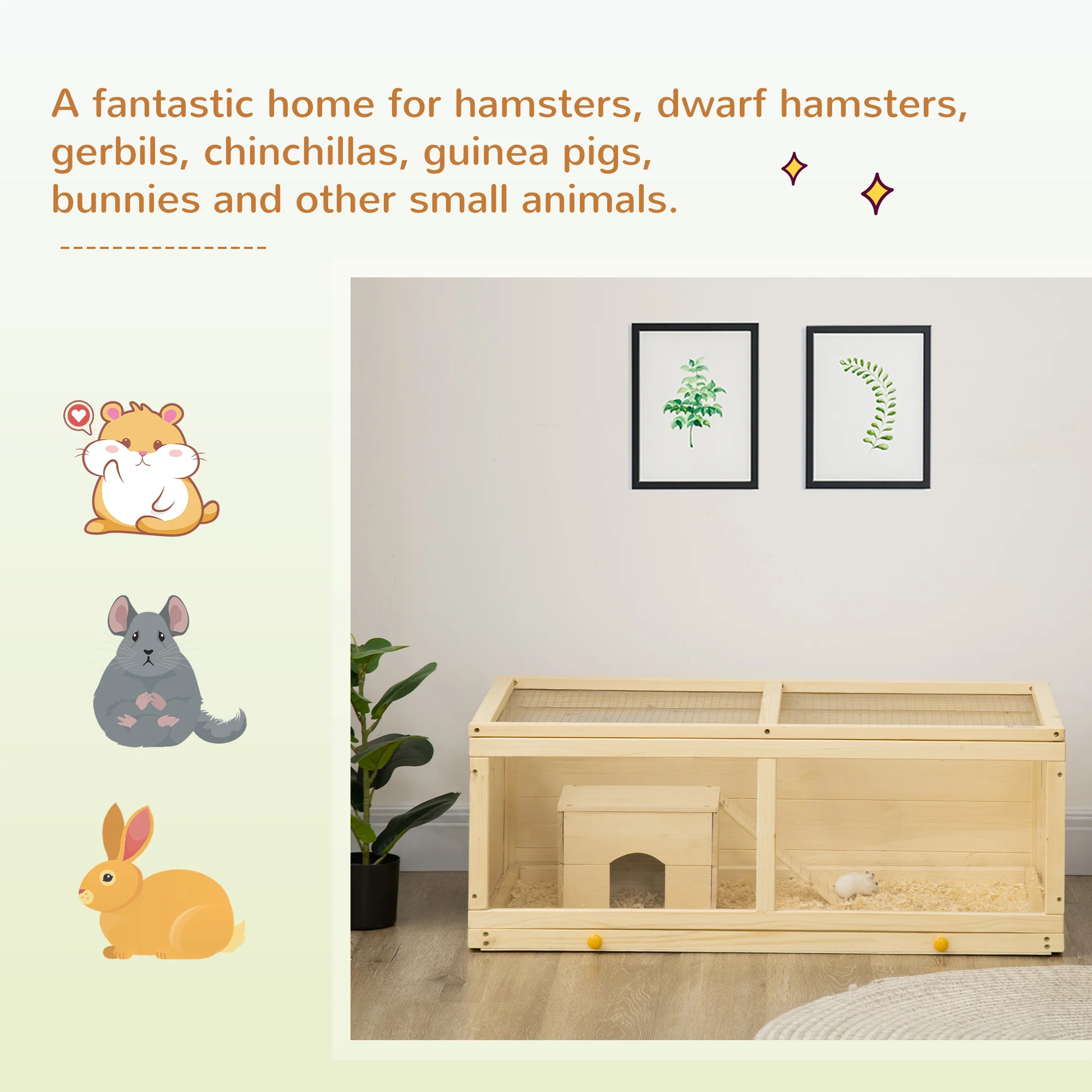 PawHut Wooden Hamster Cage with Sliding Tray, Openable Top, Hut - Image 12