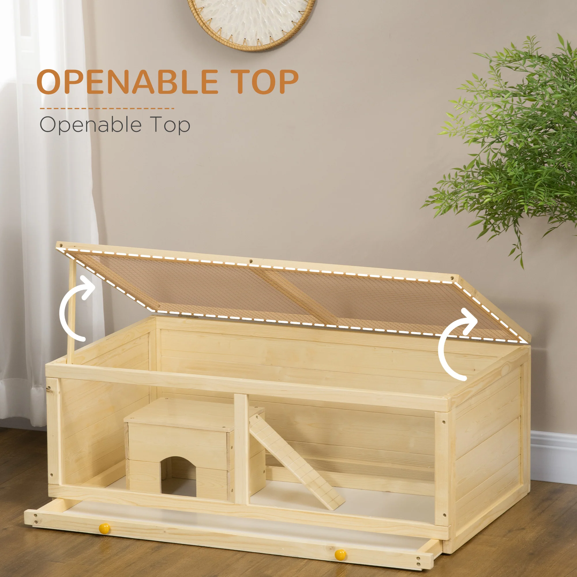 PawHut Wooden Hamster Cage with Sliding Tray, Openable Top, Hut - Image 13
