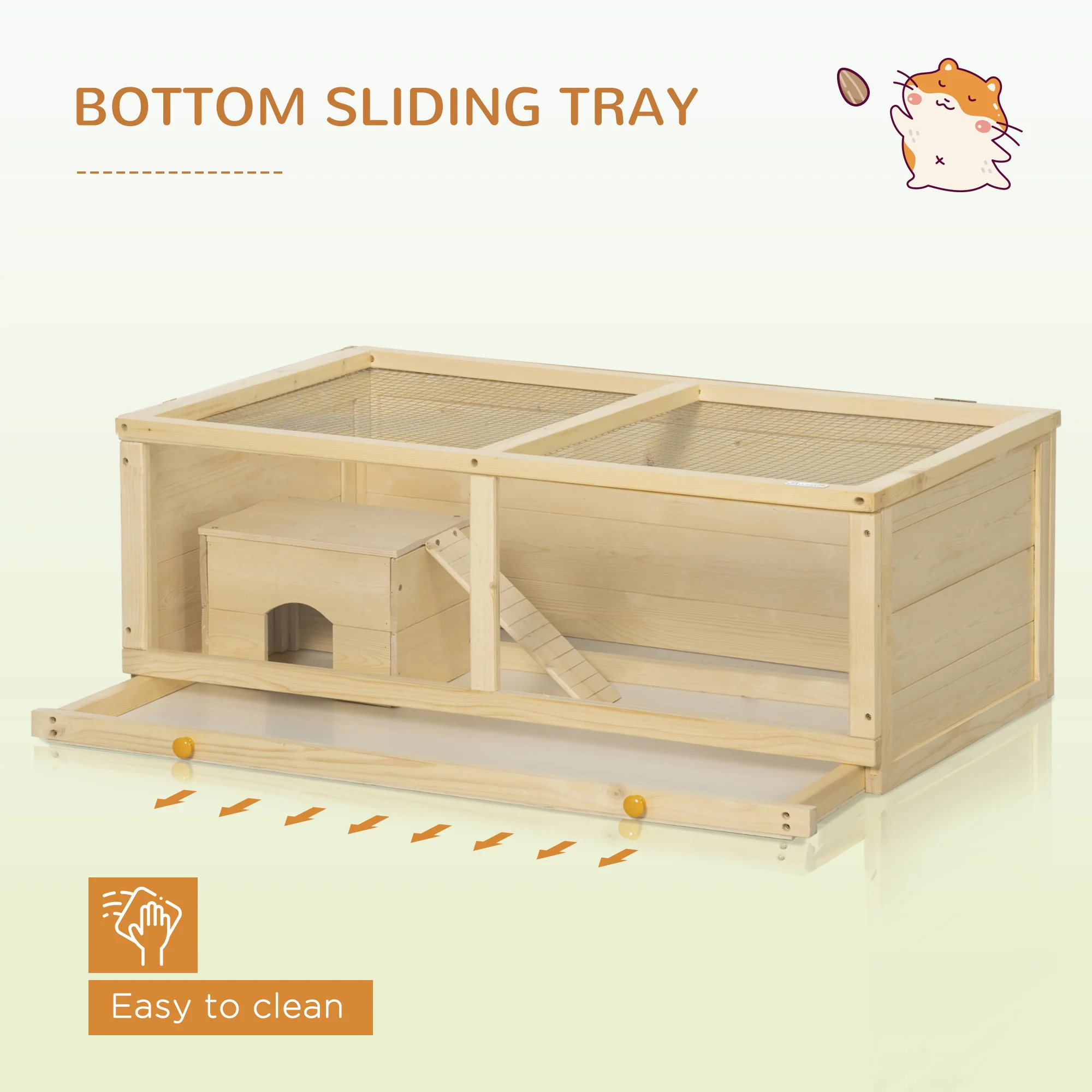 PawHut Wooden Hamster Cage with Sliding Tray, Openable Top, Hut - Image 15