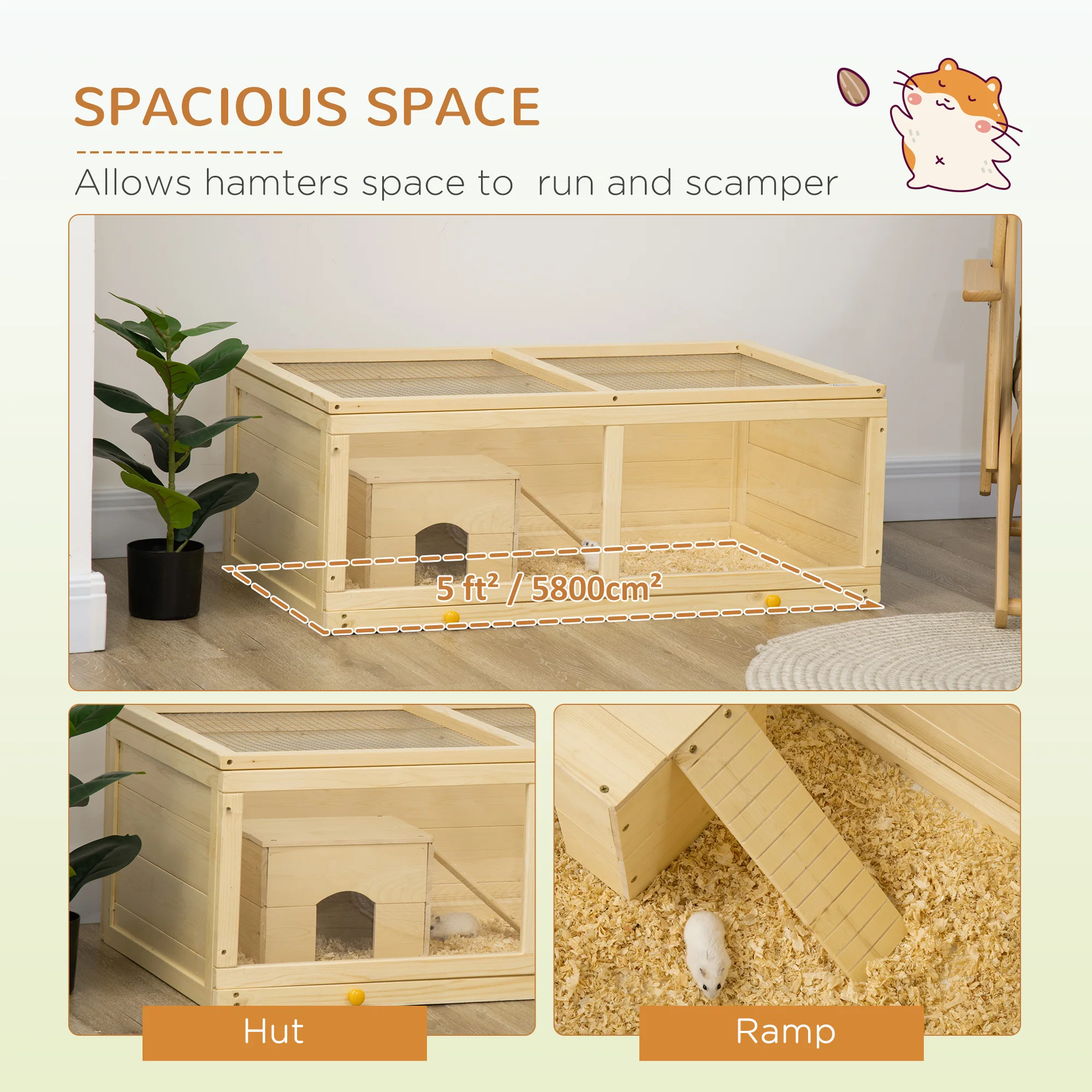 PawHut Wooden Hamster Cage with Sliding Tray, Openable Top, Hut - Image 17
