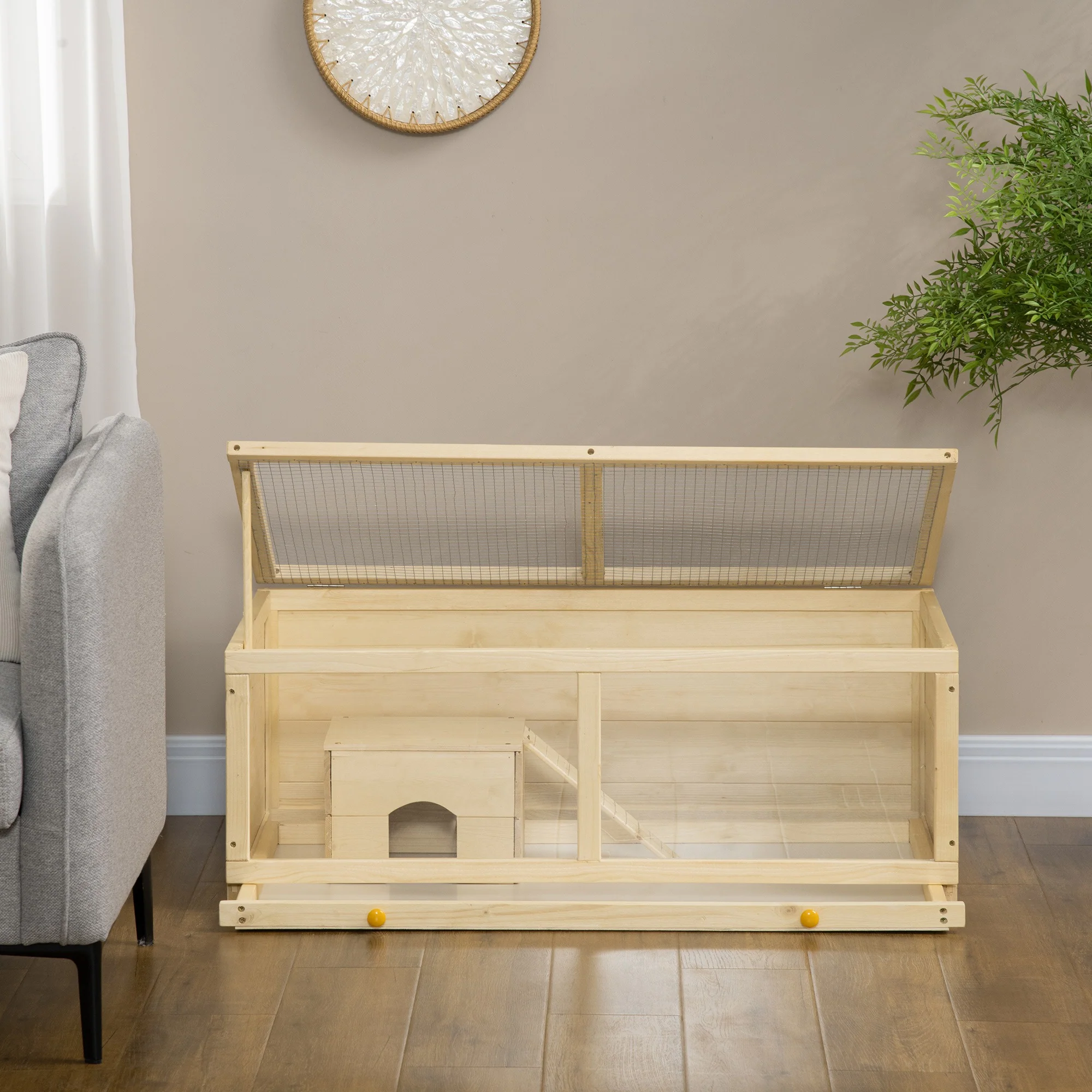 PawHut Wooden Hamster Cage with Sliding Tray, Openable Top, Hut - Image 18