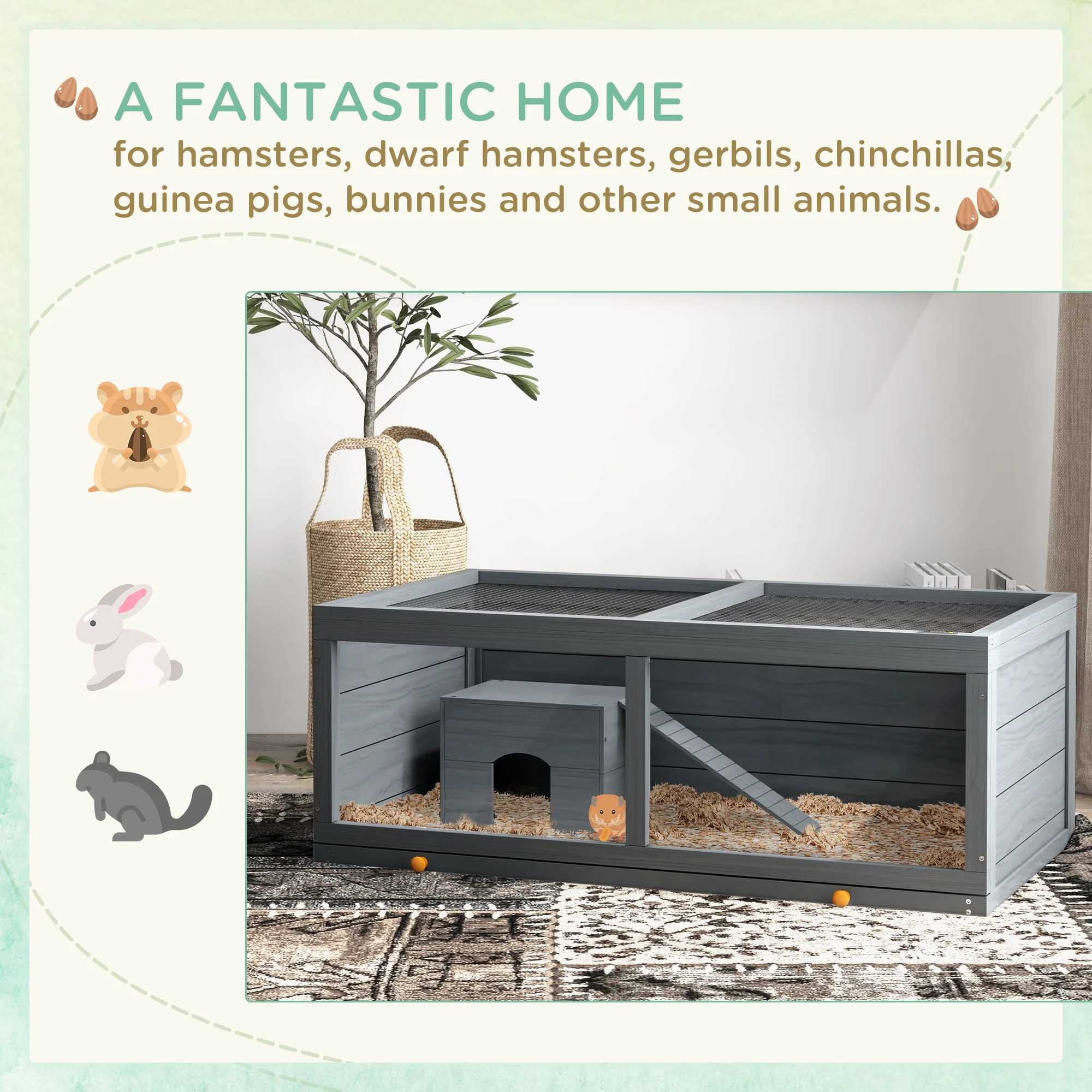 PawHut Wooden Hamster Cage with Sliding Tray, Openable Top, Hut - Image 3