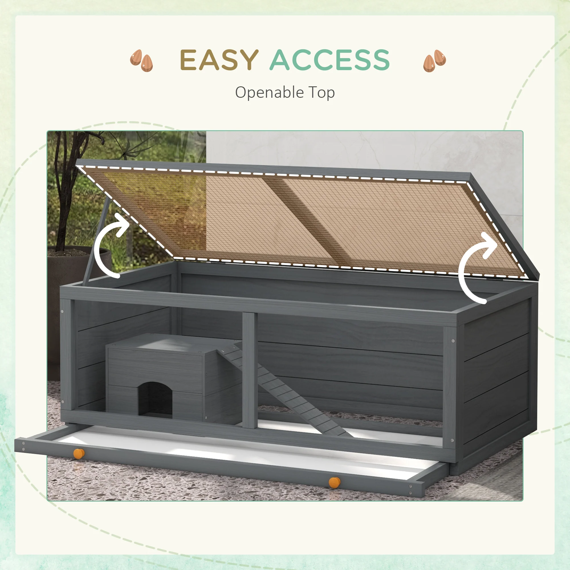 PawHut Wooden Hamster Cage with Sliding Tray, Openable Top, Hut - Image 4