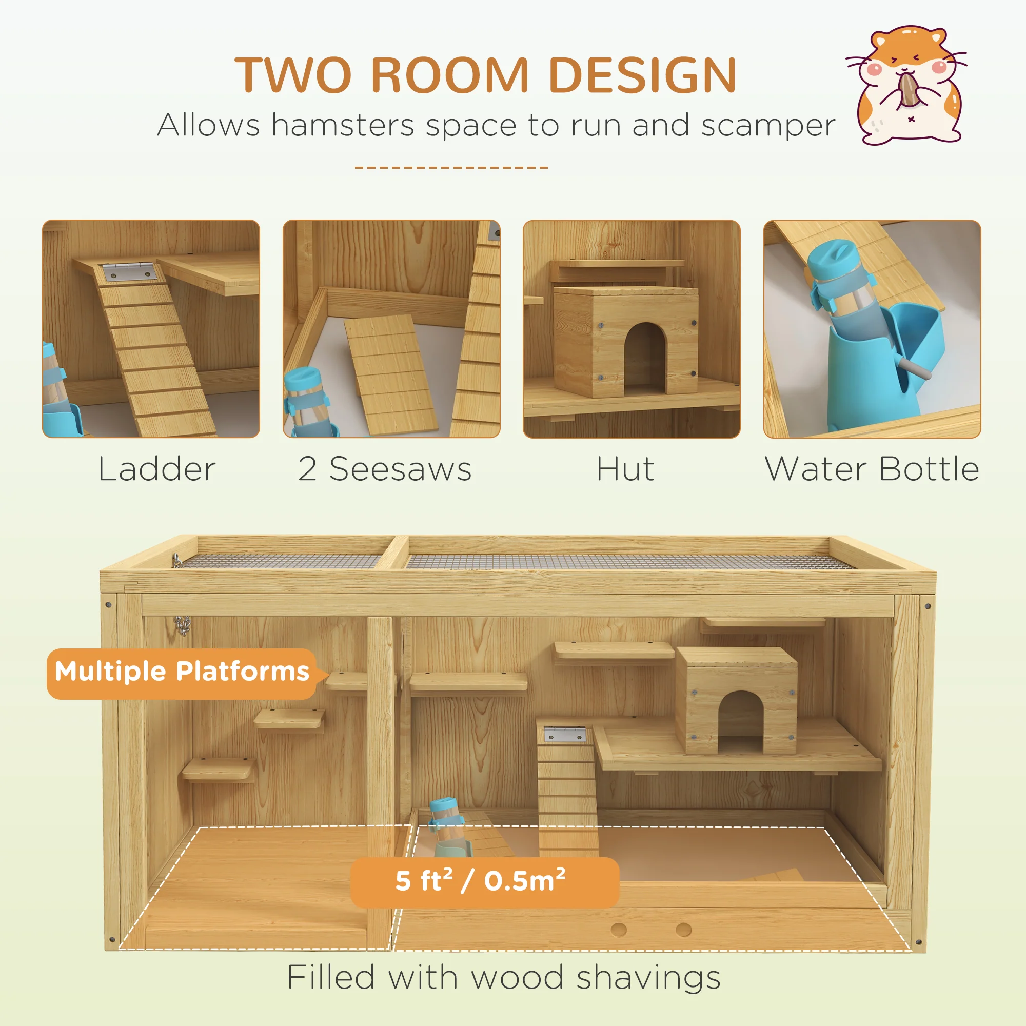 PawHut Wooden Hamster Cage With Water Bottle, Platforms, Openable Roof - Image 3