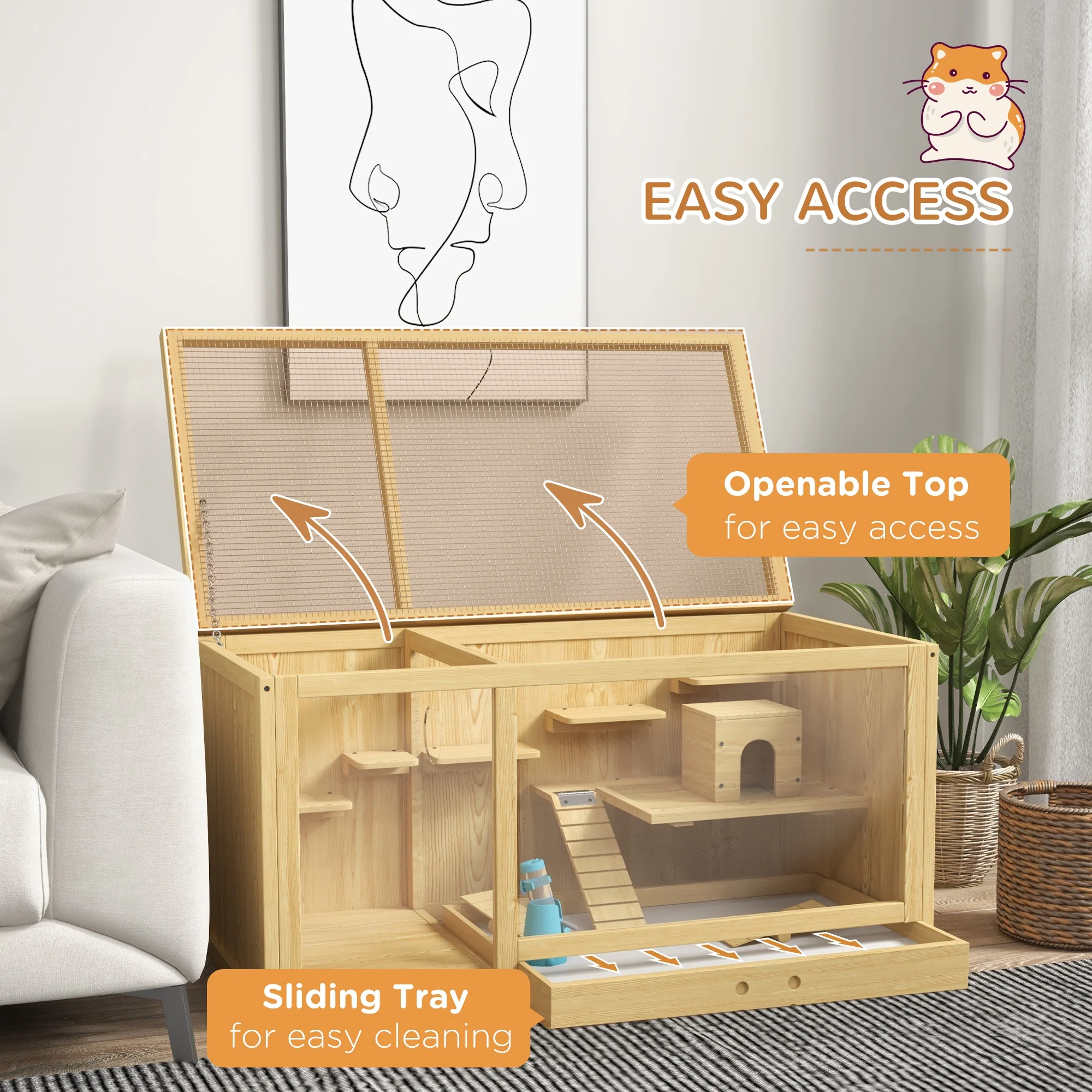 PawHut Wooden Hamster Cage With Water Bottle, Platforms, Openable Roof - Image 4