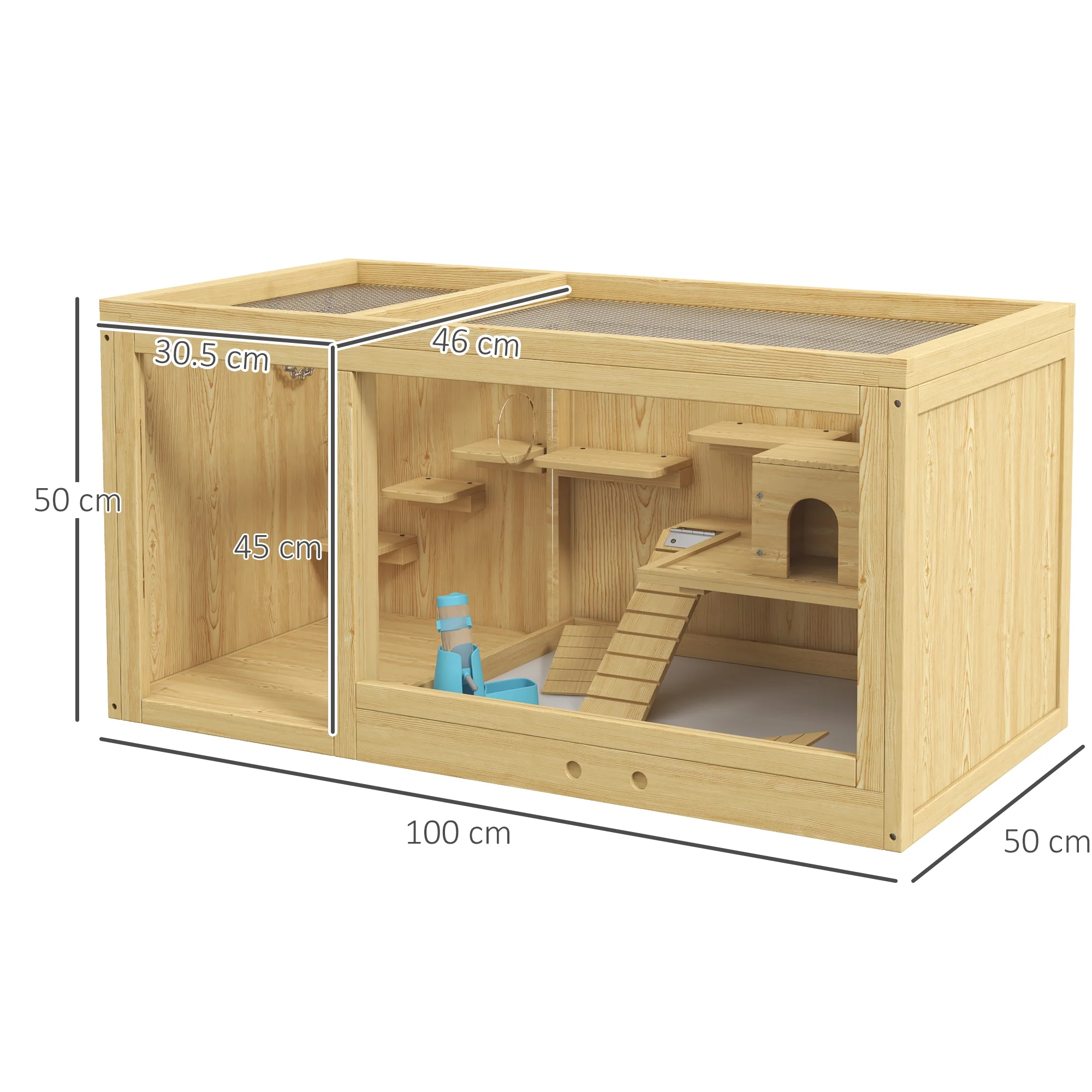 PawHut Wooden Hamster Cage With Water Bottle, Platforms, Openable Roof - Image 5