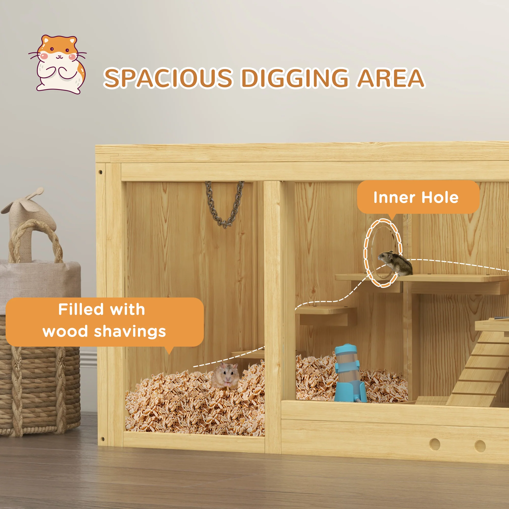 PawHut Wooden Hamster Cage With Water Bottle, Platforms, Openable Roof - Image 6