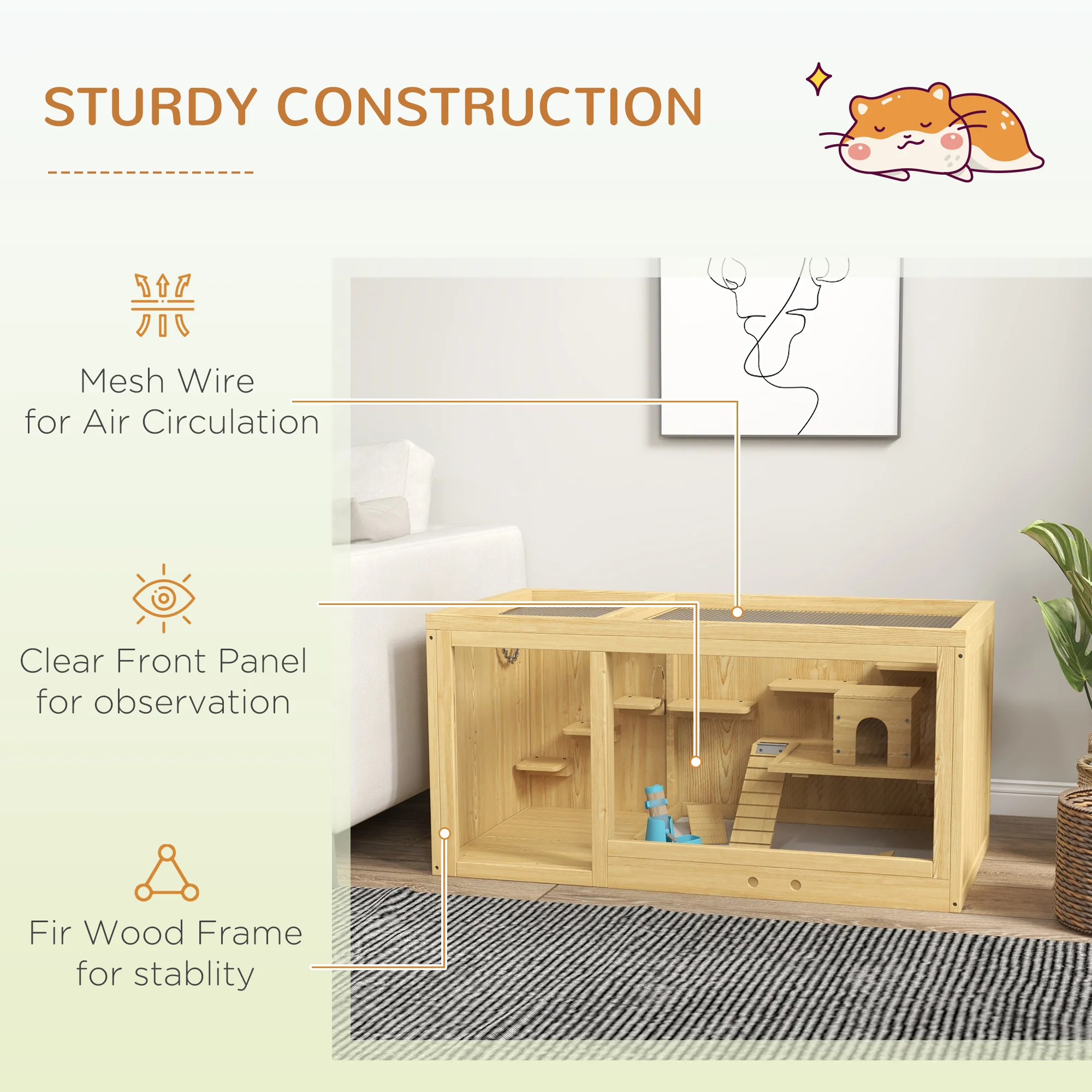 PawHut Wooden Hamster Cage With Water Bottle, Platforms, Openable Roof - Image 7