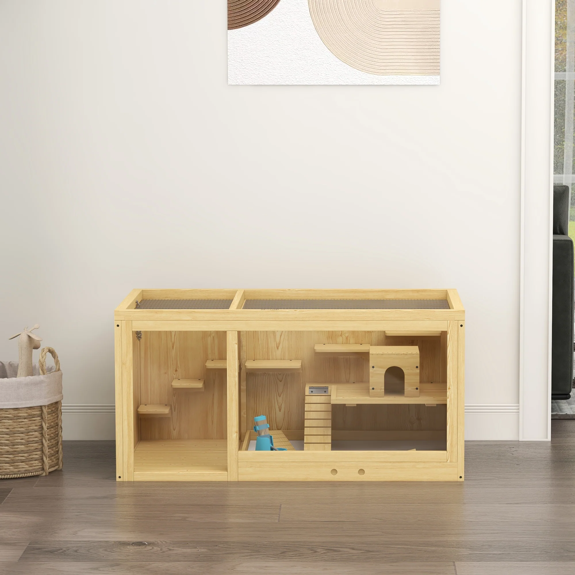 PawHut Wooden Hamster Cage With Water Bottle, Platforms, Openable Roof - Image 8