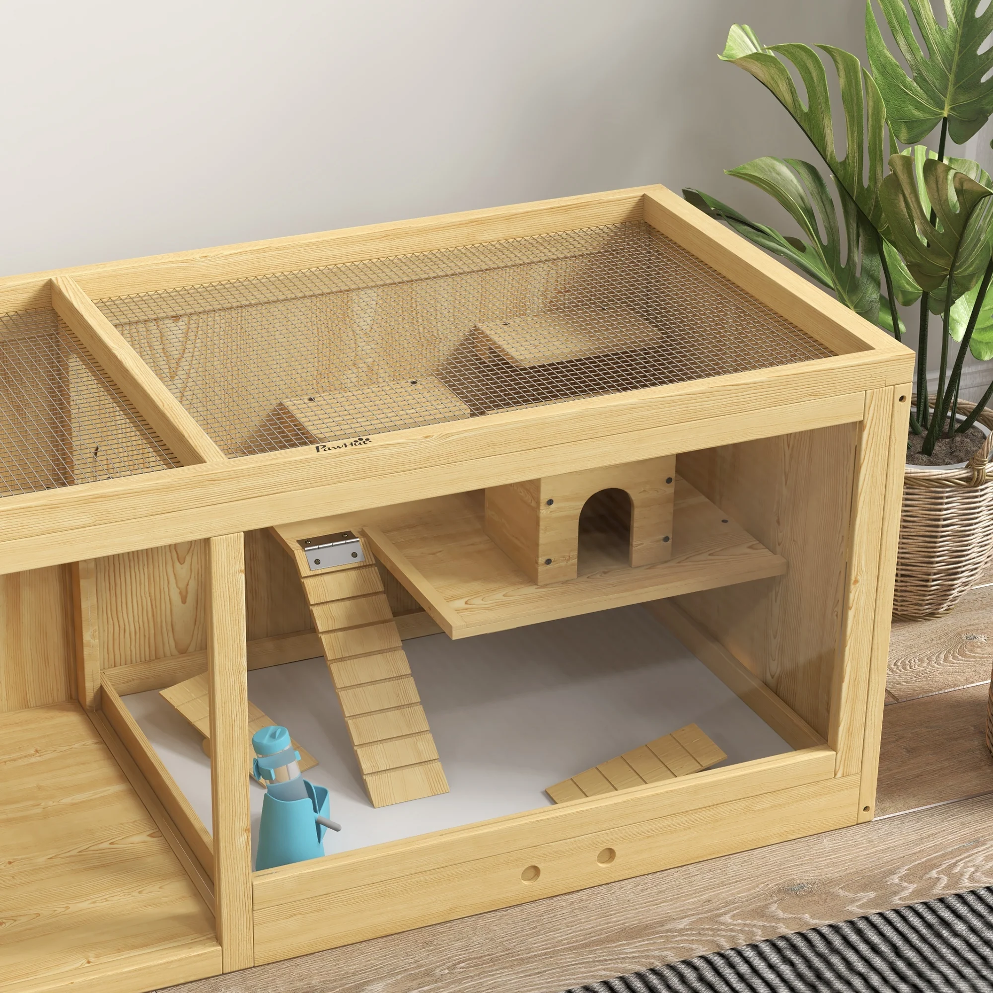 PawHut Wooden Hamster Cage With Water Bottle, Platforms, Openable Roof - Image 9