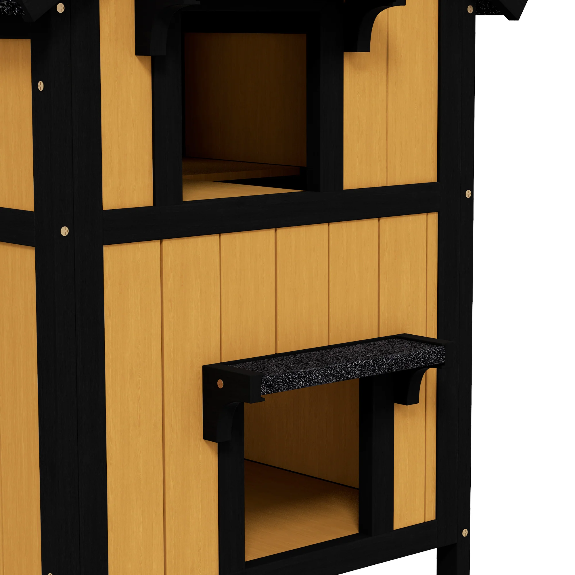 PawHut Wooden Outdoor Cat House w/ Flower Pot, Windows, Multiple Entrances - Image 8