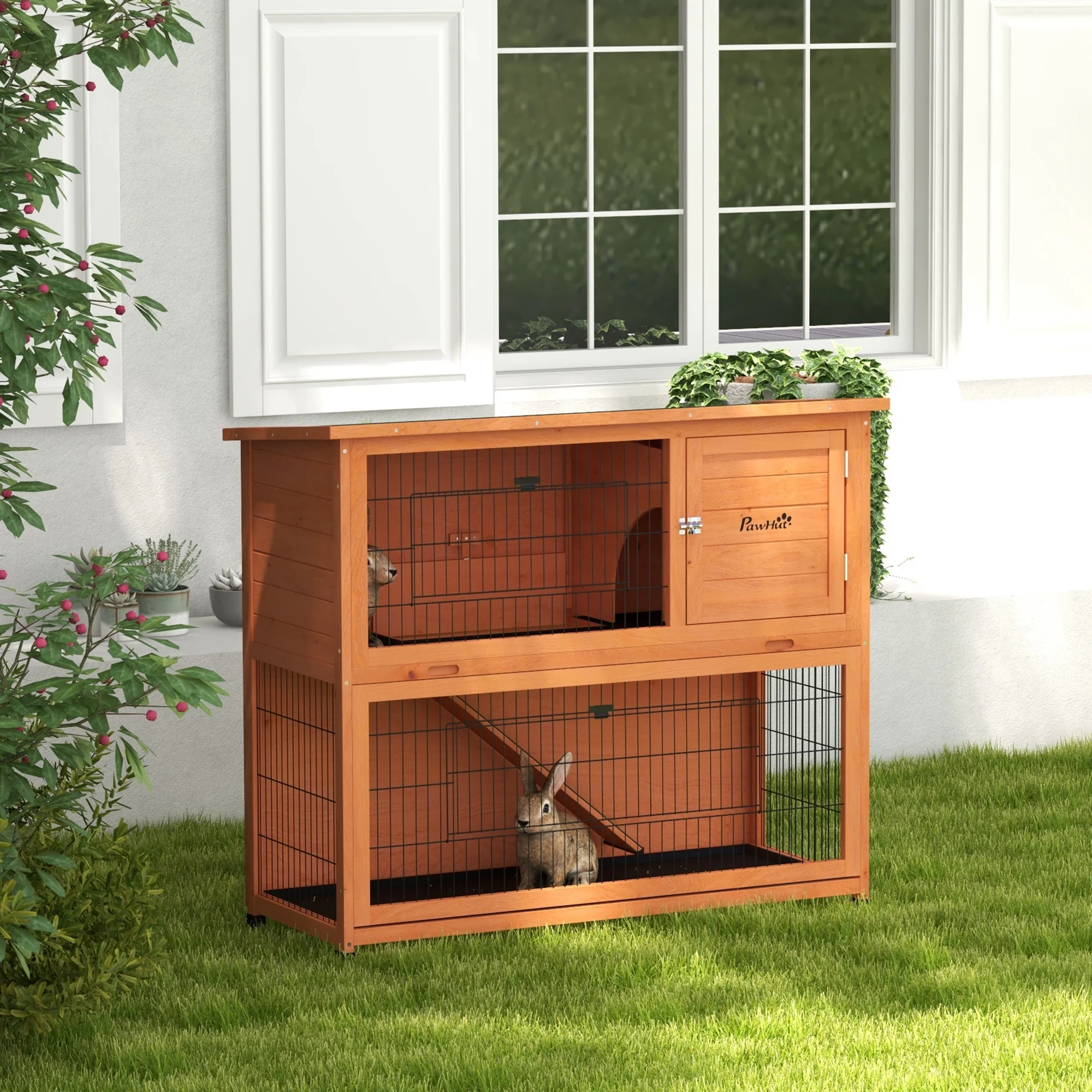 PawHut Wooden Rabbit Hutch, Antiseptic Outdoor, For 1-2 Rabbits - Orange - Image 11
