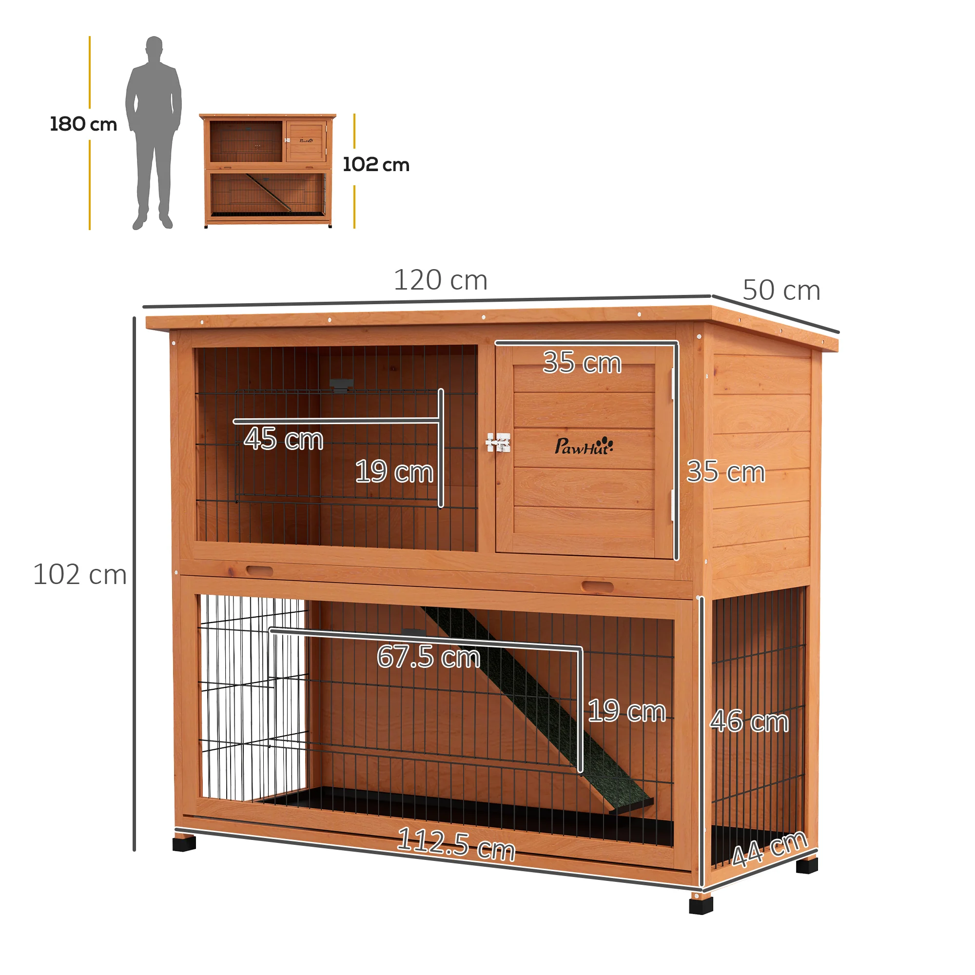 PawHut Wooden Rabbit Hutch, Antiseptic Outdoor, For 1-2 Rabbits - Orange - Image 14