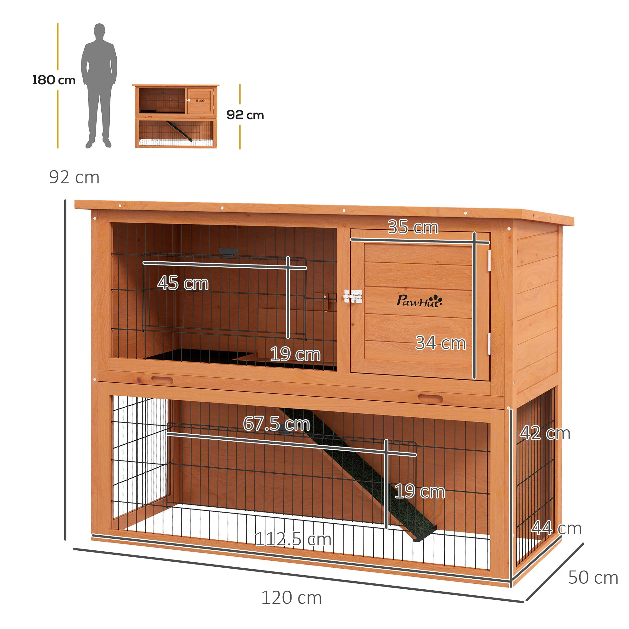 PawHut Wooden Rabbit Hutch, Antiseptic Outdoor, For 1-2 Rabbits - Orange - Image 5