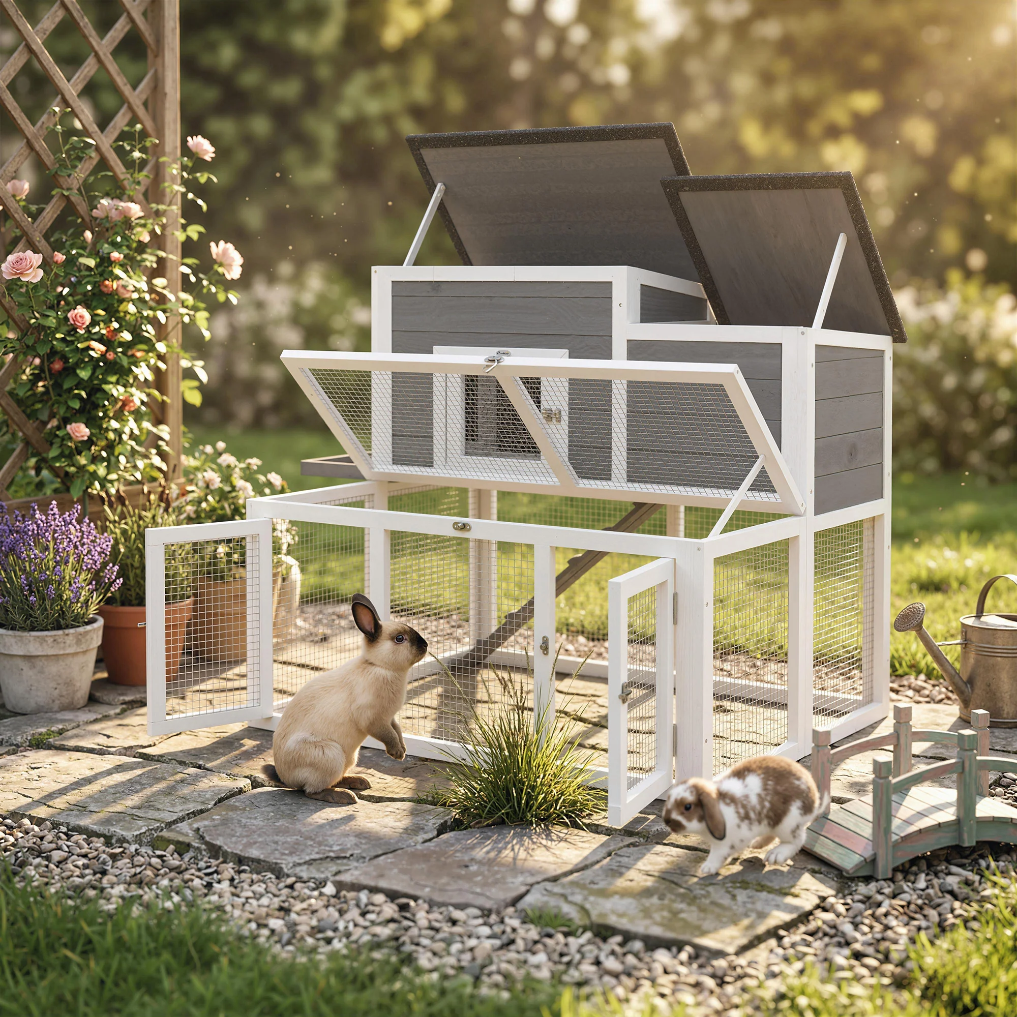 PawHut Wooden Rabbit Hutch, Outdoor Bunny Cage with Waterproof Roof - Image 8