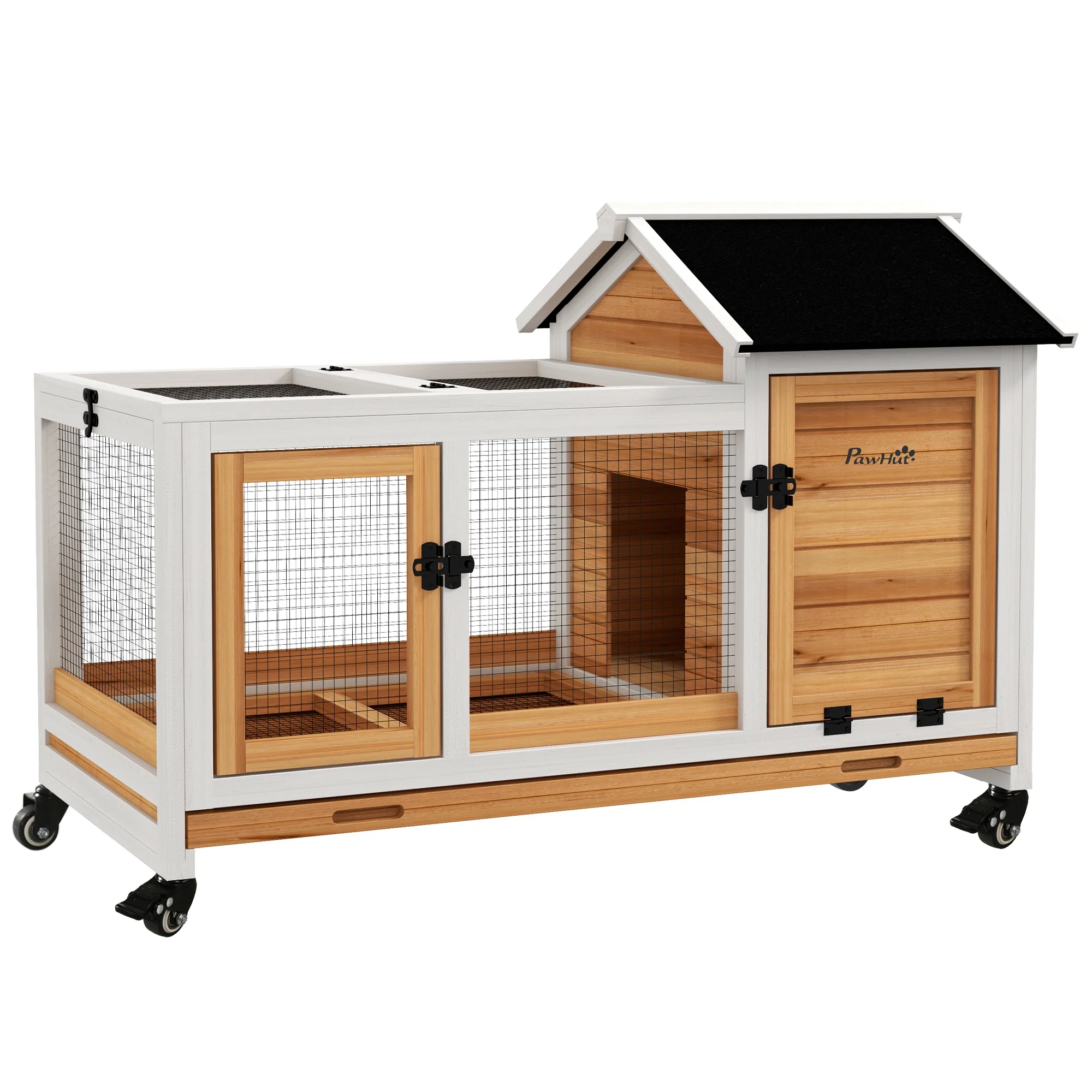 PawHut Wooden Rabbit Hutch, Small Animal House w/ Wheels, Removable Tray - Image 10