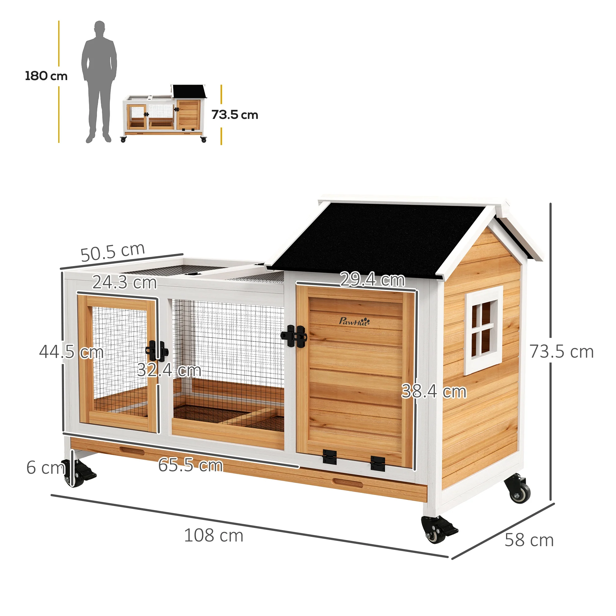 PawHut Wooden Rabbit Hutch, Small Animal House w/ Wheels, Removable Tray - Image 14