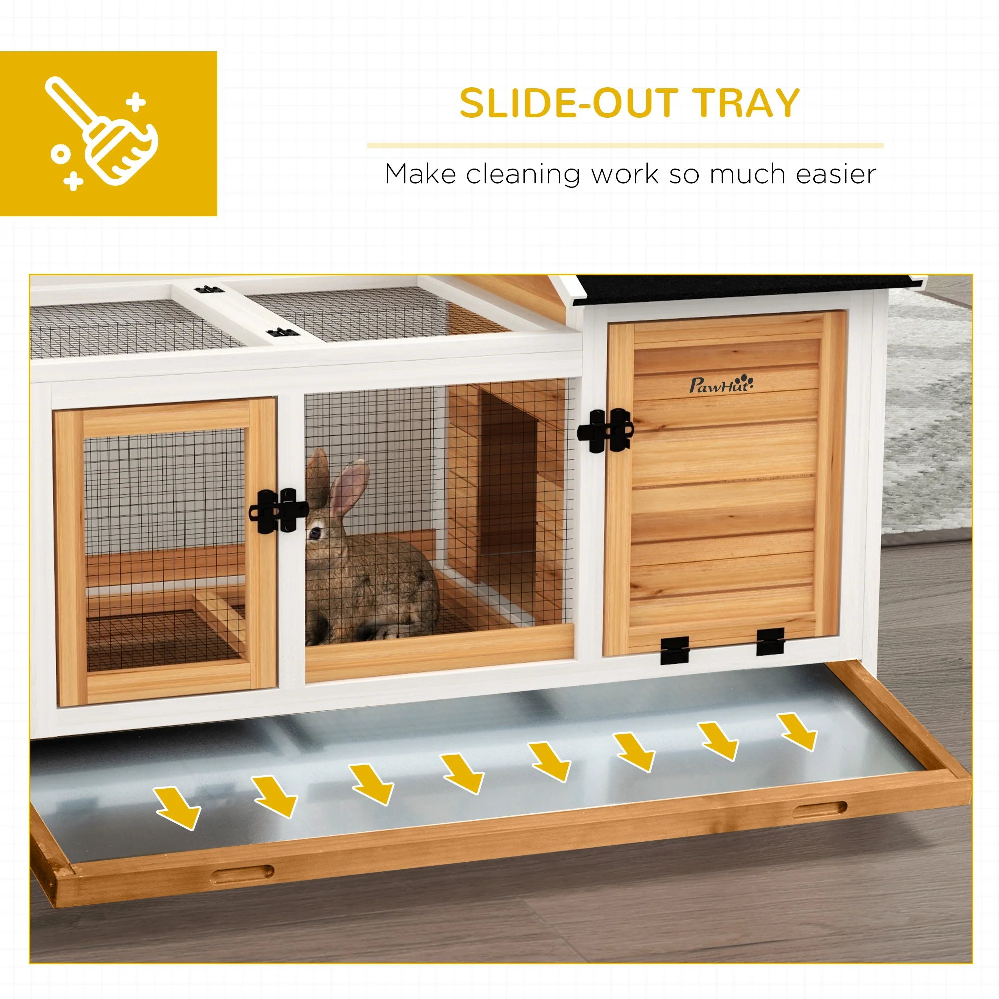 PawHut Wooden Rabbit Hutch, Small Animal House w/ Wheels, Removable Tray - Image 15