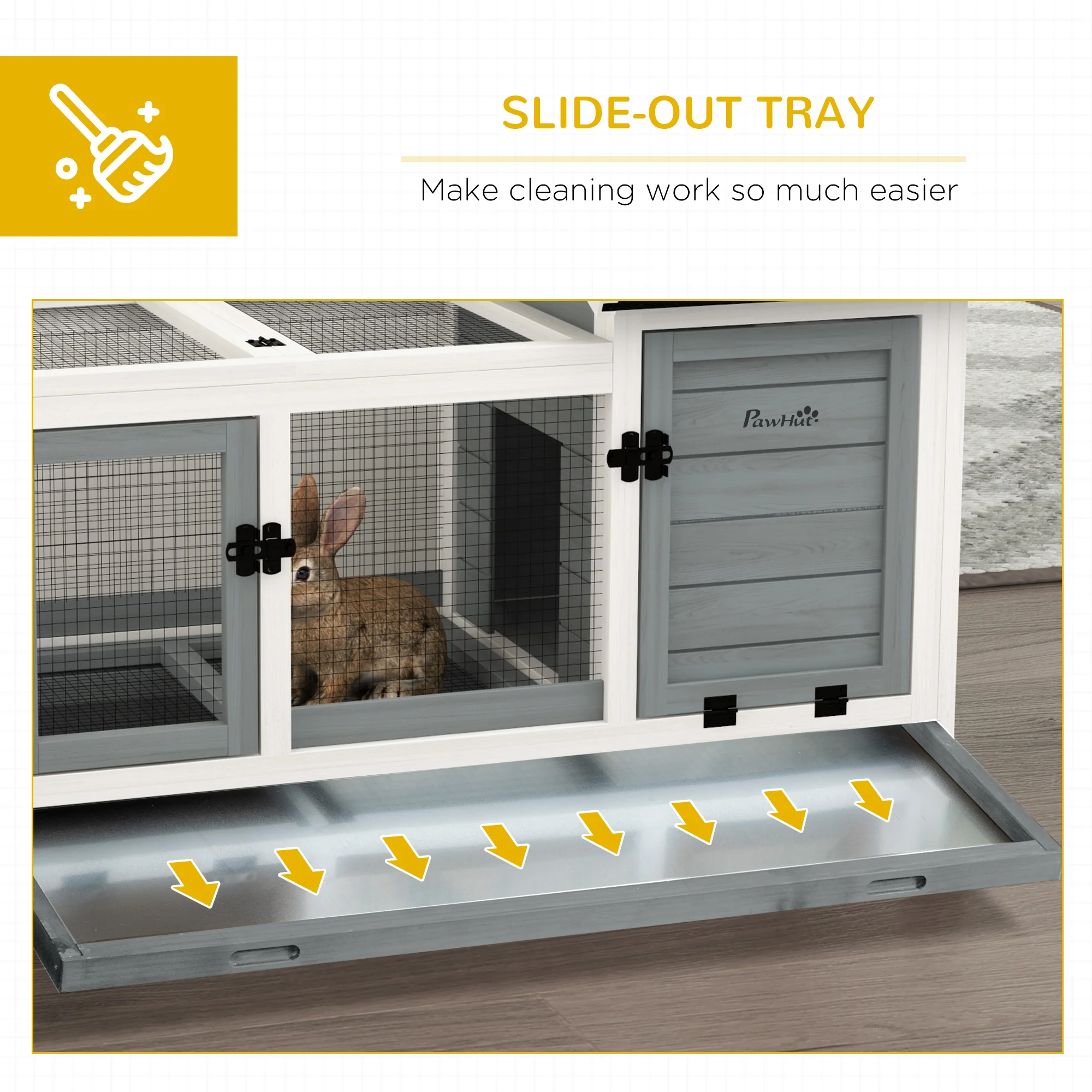 PawHut Wooden Rabbit Hutch, Small Animal House w/ Wheels, Removable Tray - Image 6