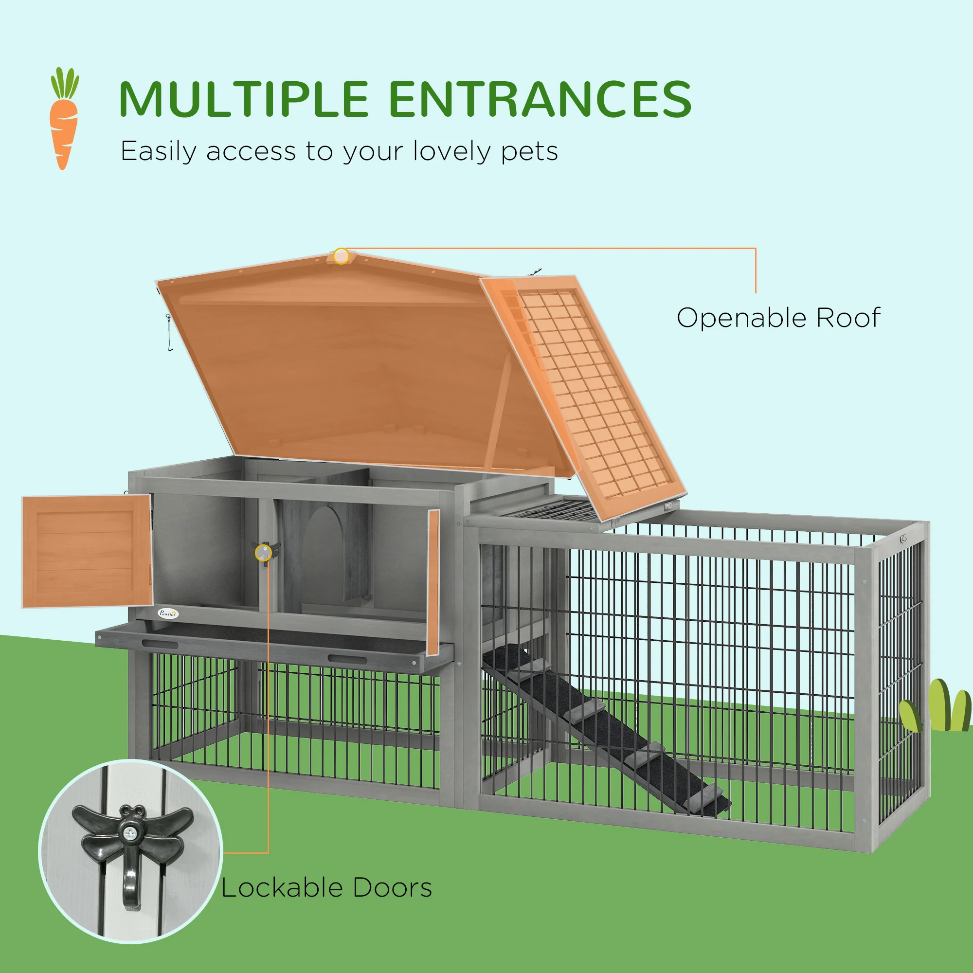Pawhut Wooden Rabbit Hutch with Run, Asphalt Roof, Pull-Out Tray, Ramp, Grey - Image 4