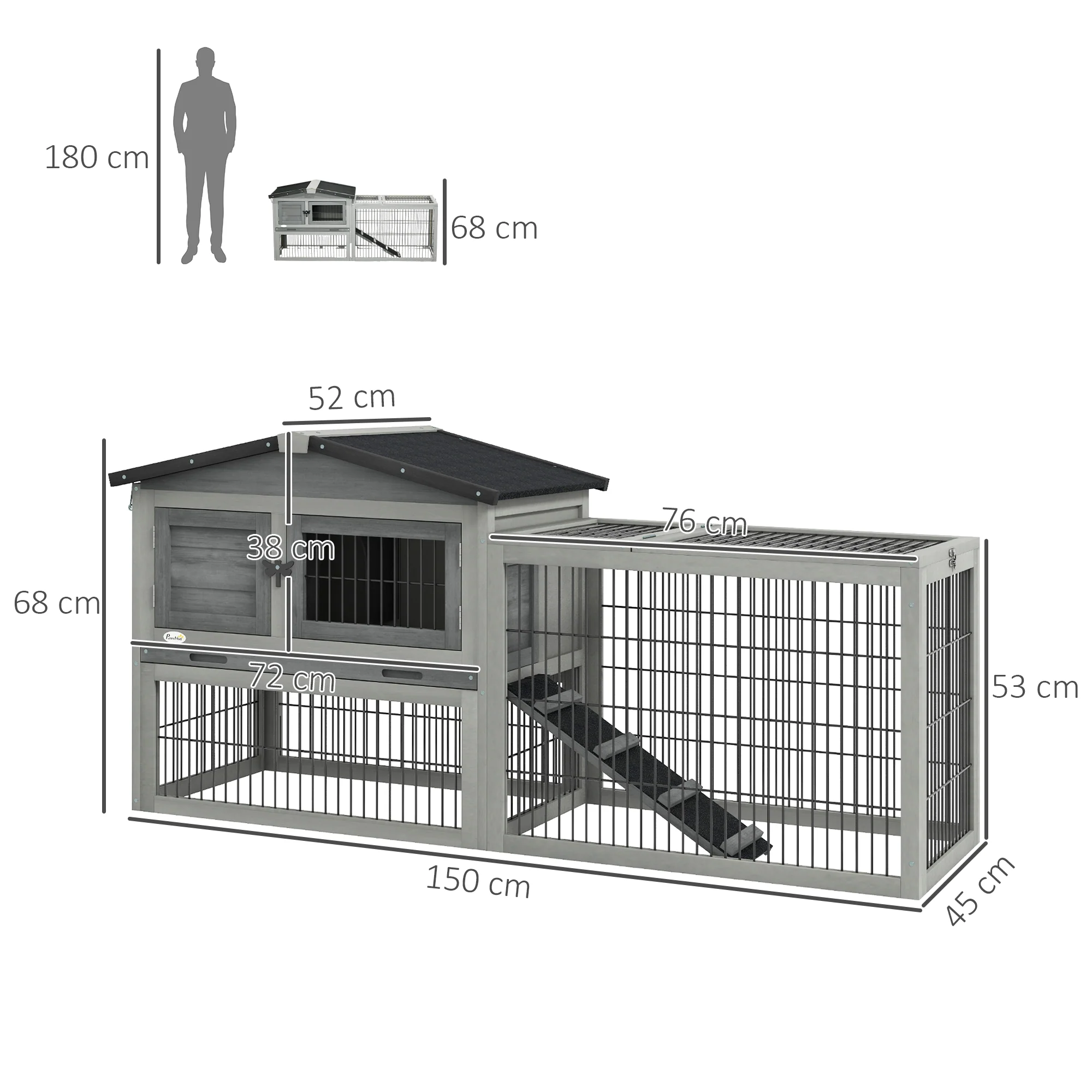 Pawhut Wooden Rabbit Hutch with Run, Asphalt Roof, Pull-Out Tray, Ramp, Grey - Image 5