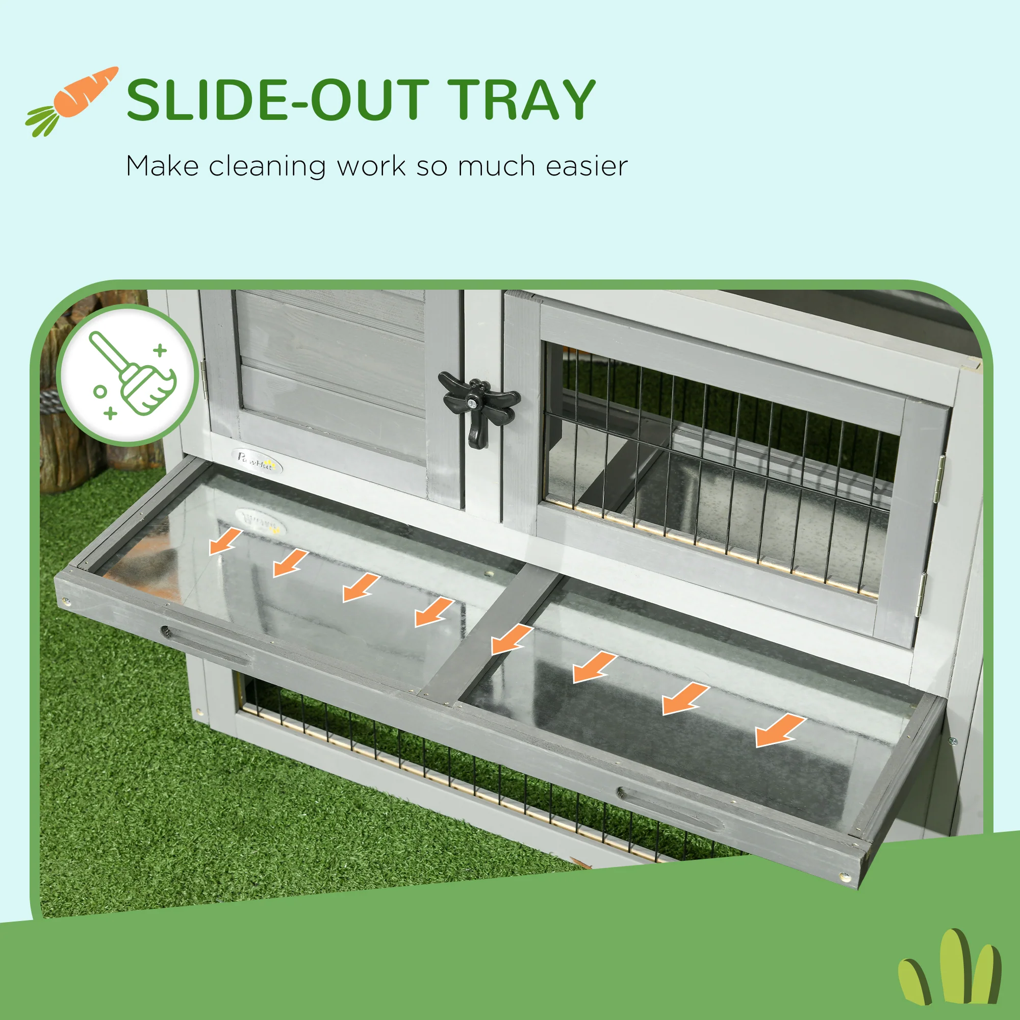 Pawhut Wooden Rabbit Hutch with Run, Asphalt Roof, Pull-Out Tray, Ramp, Grey - Image 6