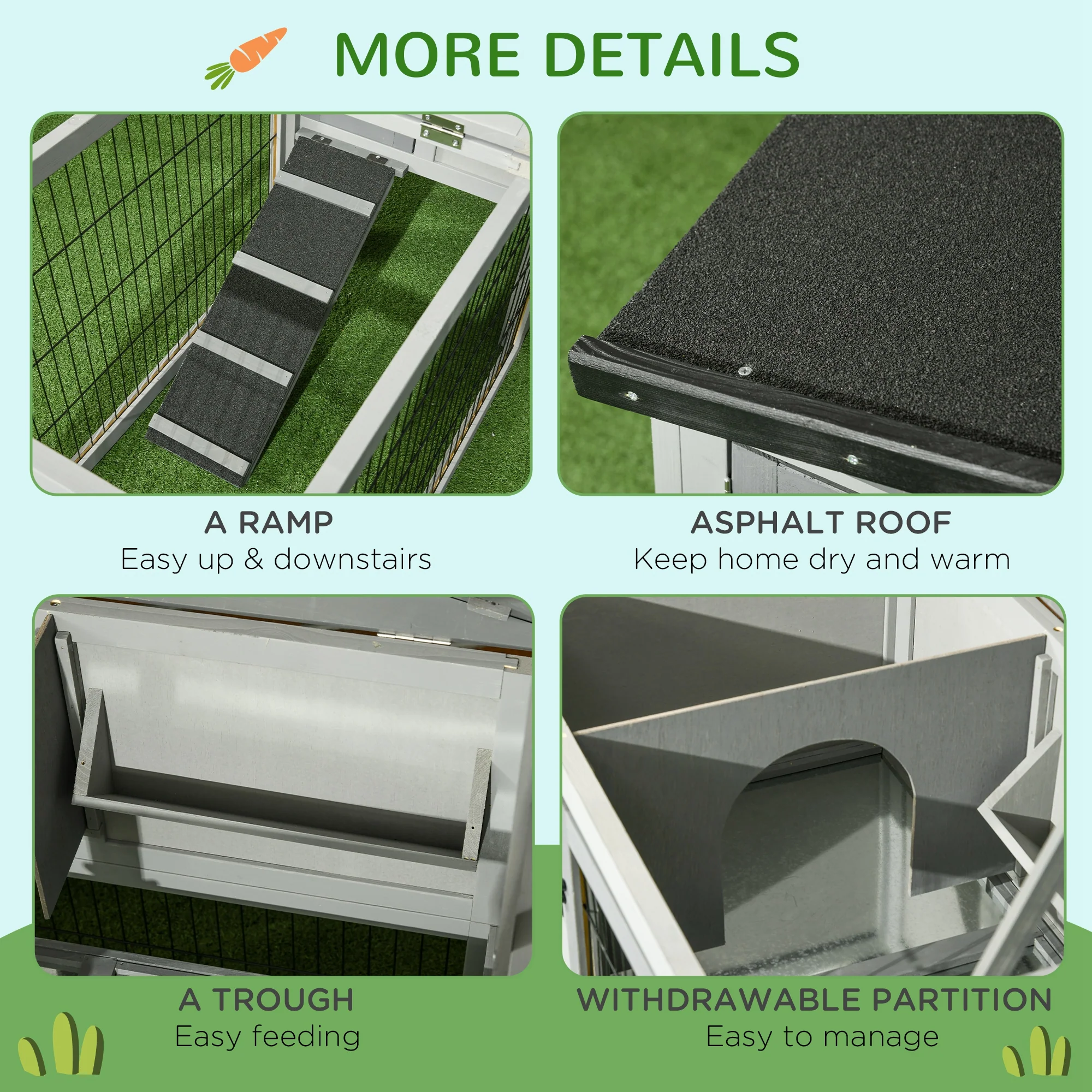 Pawhut Wooden Rabbit Hutch with Run, Asphalt Roof, Pull-Out Tray, Ramp, Grey - Image 7