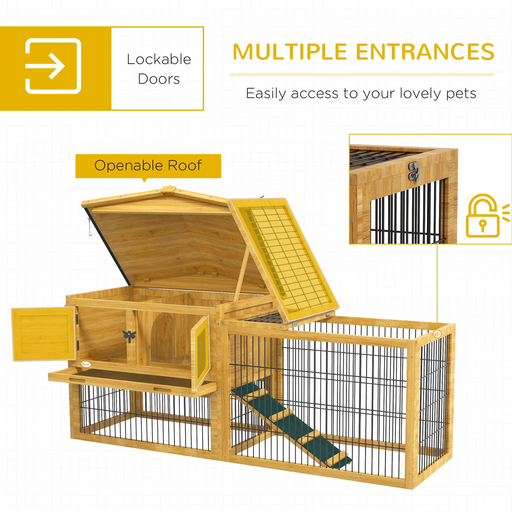Pawhut Wooden Rabbit Hutch with Run, Asphalt Roof, Pull-Out Tray, Ramp, Yellow - Image 4