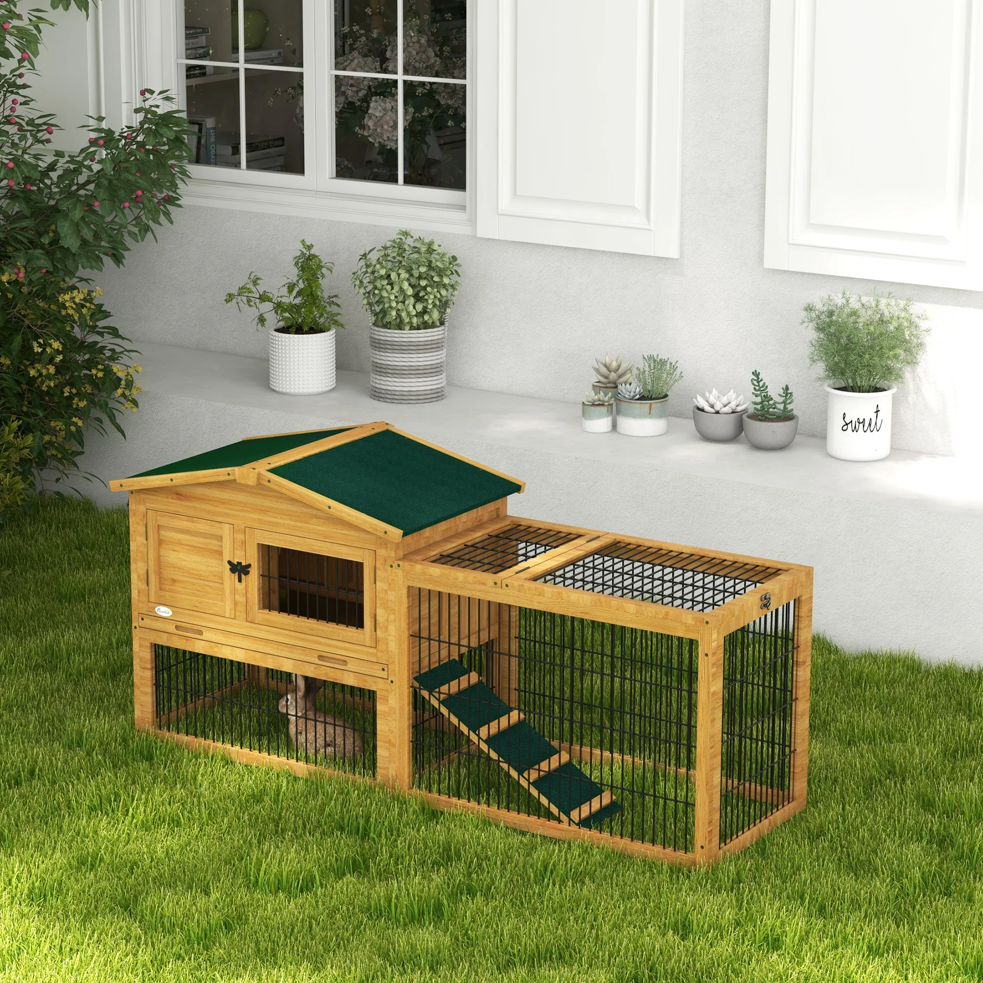 Pawhut Wooden Rabbit Hutch with Run, Asphalt Roof, Pull-Out Tray, Ramp, Yellow - Image 8