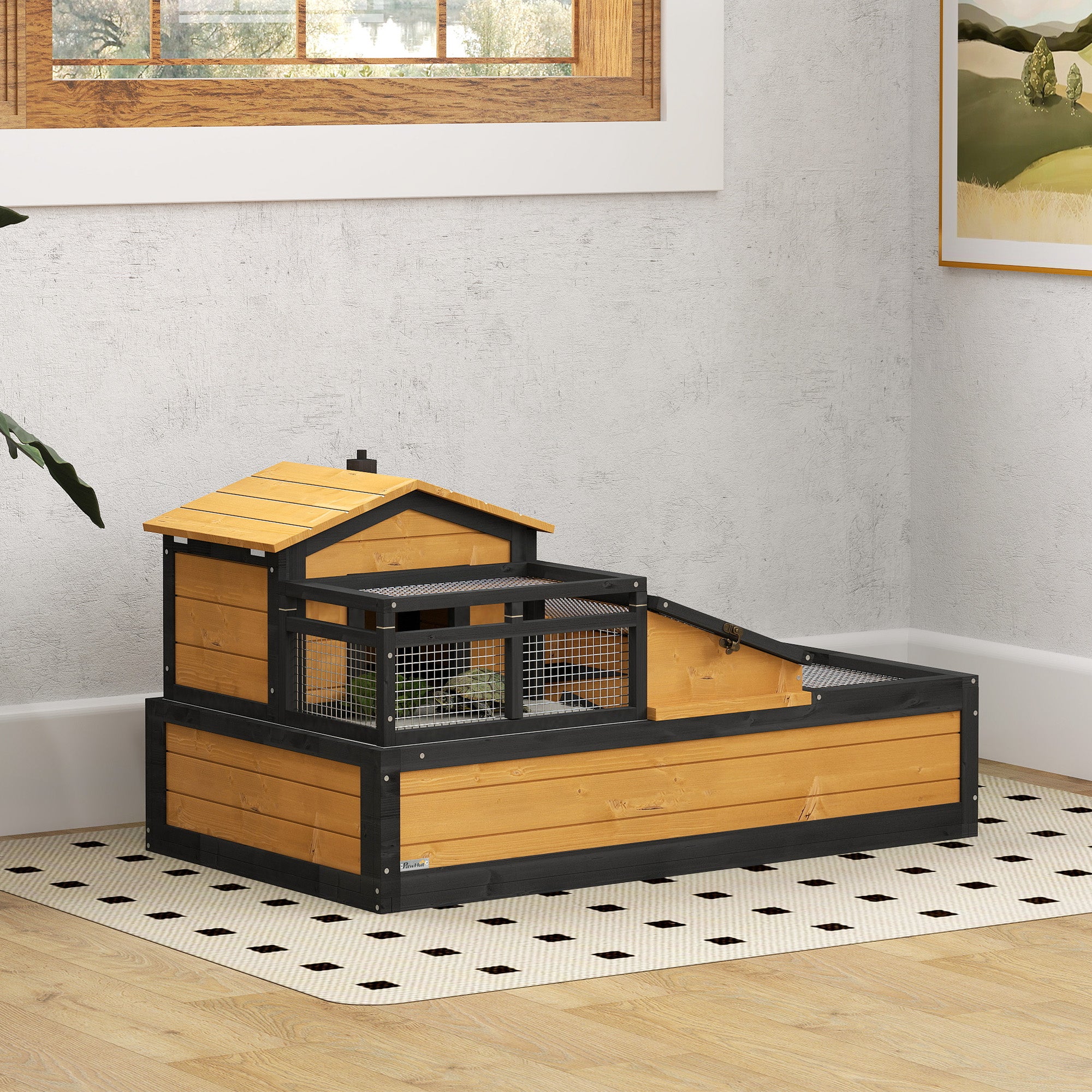 PawHut Wooden Tortoise House Indoor Outdoor w/ Balcony, Tray, Openable Roof - Image 2