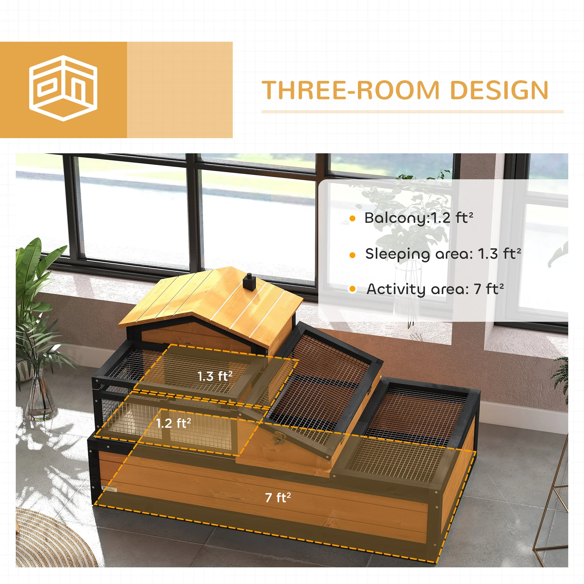PawHut Wooden Tortoise House Indoor Outdoor w/ Balcony, Tray, Openable Roof - Image 3