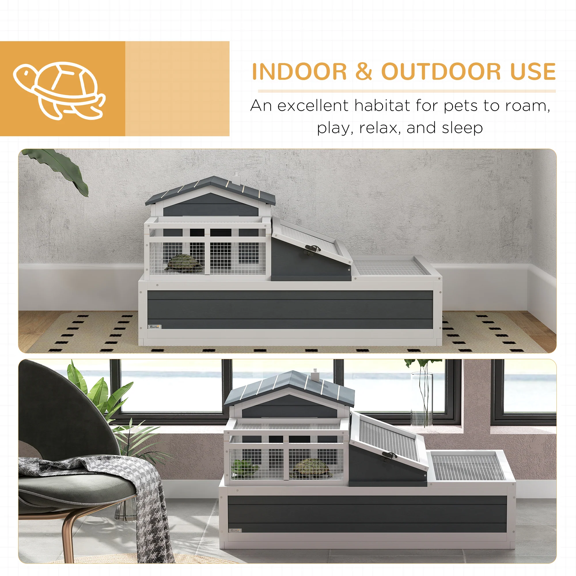 PawHut Wooden Tortoise House Indoor Outdoor w/ Balcony, Tray, Openable Roof - Image 8