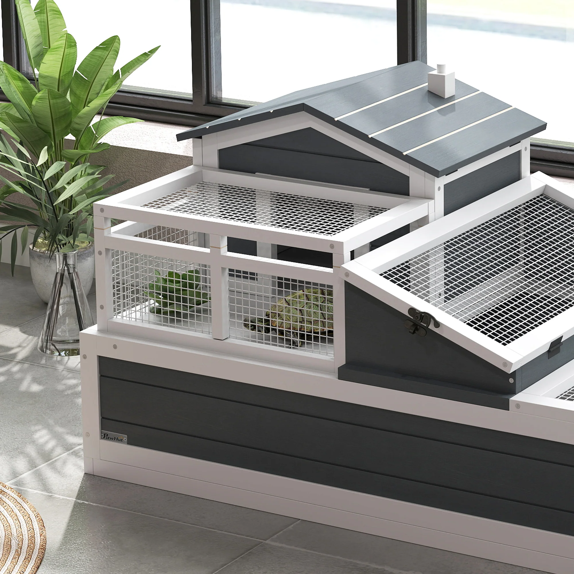 PawHut Wooden Tortoise House Indoor Outdoor w/ Balcony, Tray, Openable Roof - Image 9