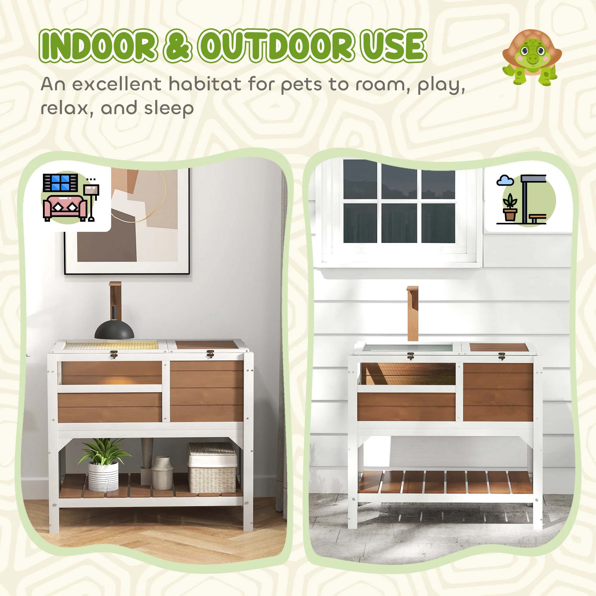 PawHut Wooden Tortoise House w/ Run, Shelter, Shelf, Lamp Holder - Brown - Image 8