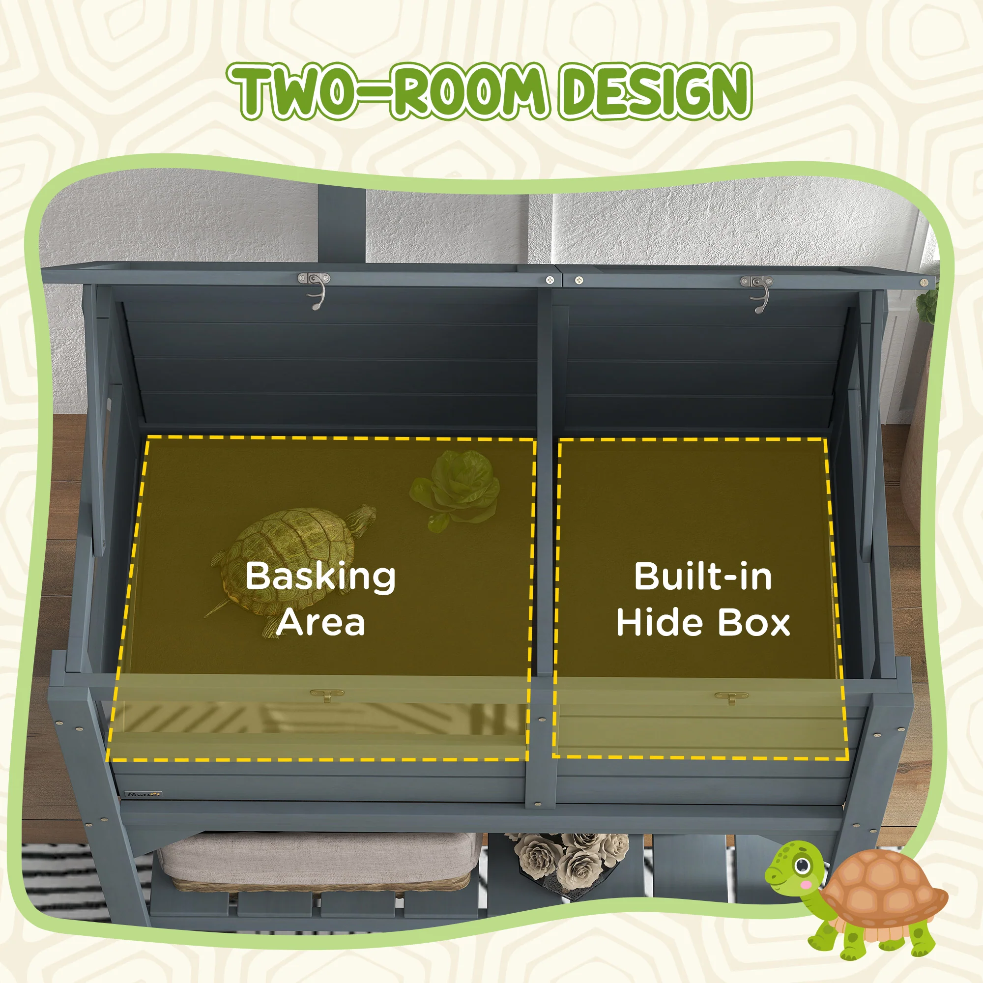 PawHut Wooden Tortoise House w/ Run, Shelter, Shelf, Lamp Holder, Grey - Image 3