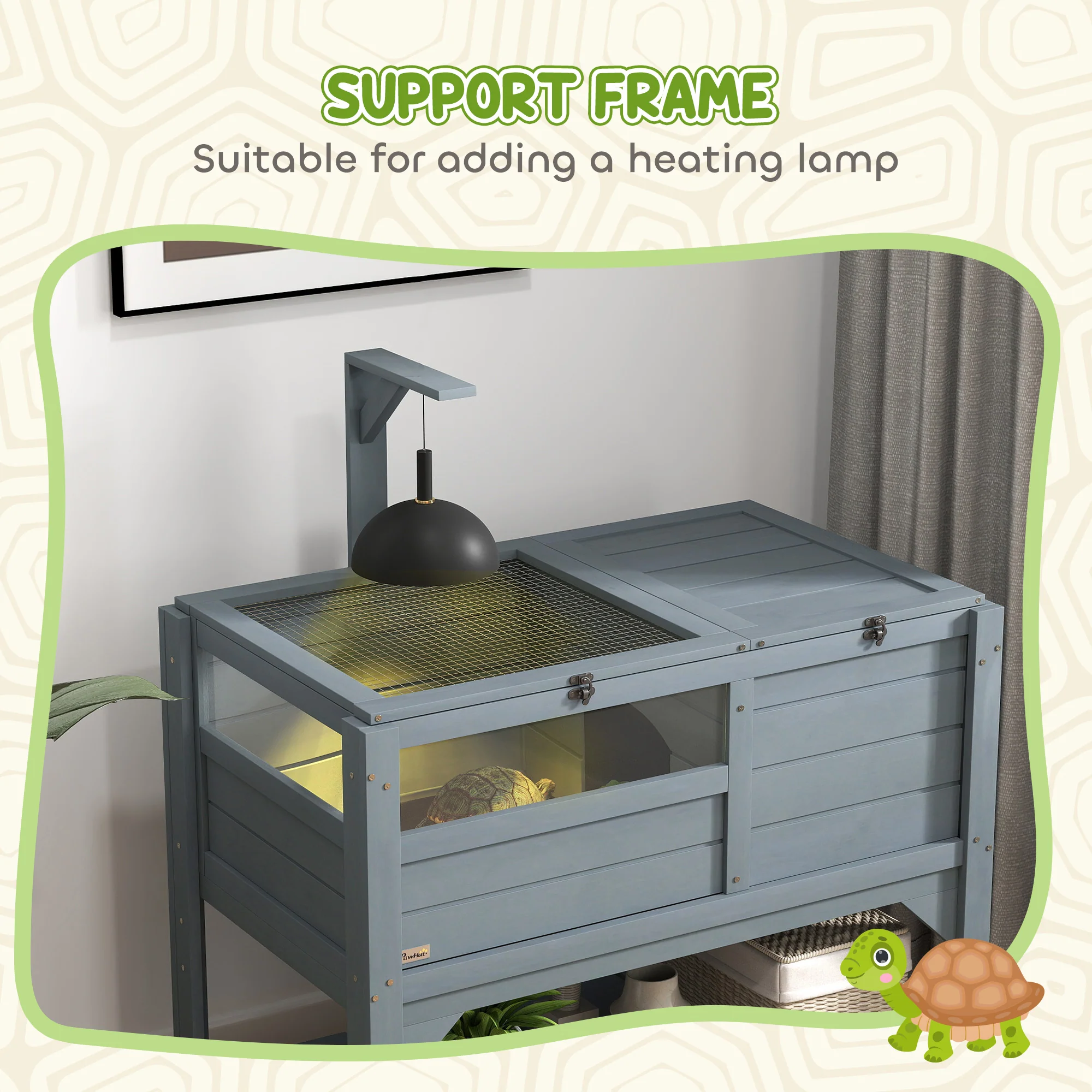 PawHut Wooden Tortoise House w/ Run, Shelter, Shelf, Lamp Holder, Grey - Image 4