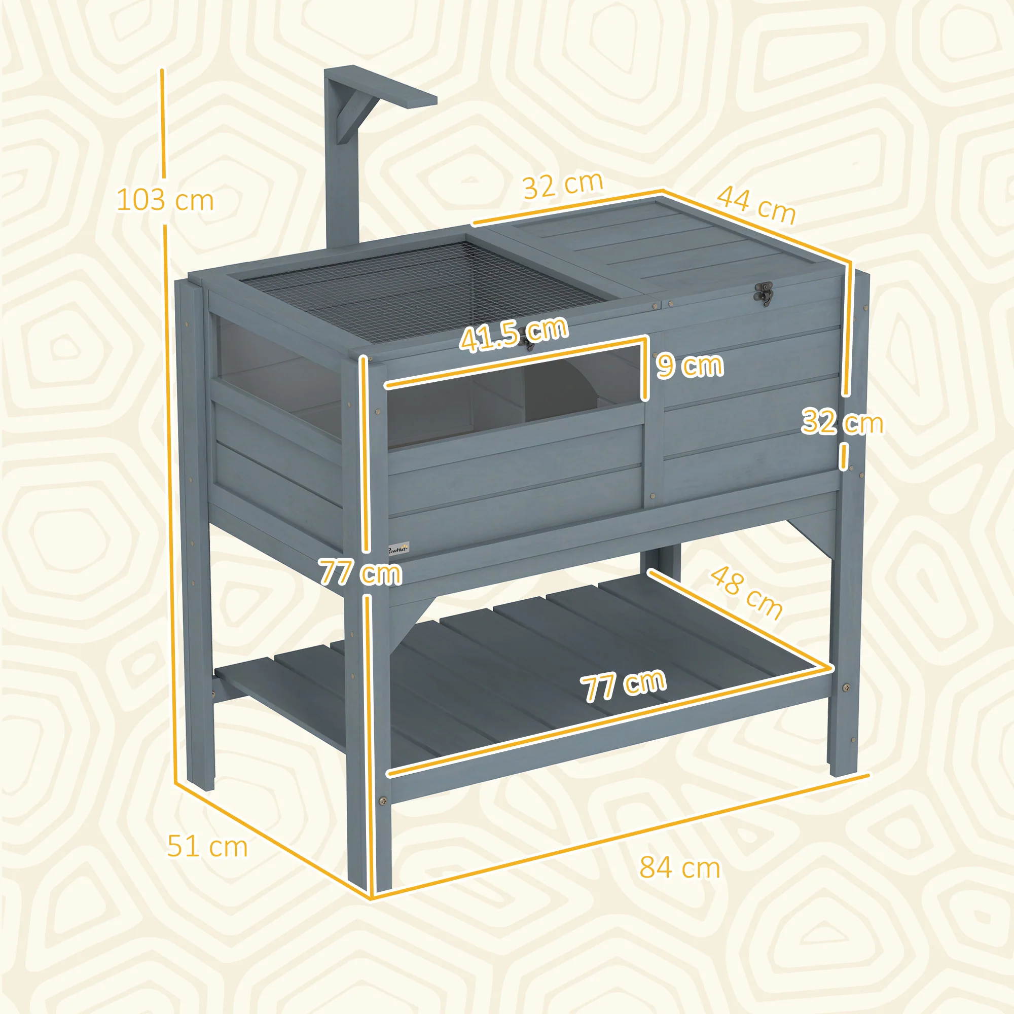 PawHut Wooden Tortoise House w/ Run, Shelter, Shelf, Lamp Holder, Grey - Image 5