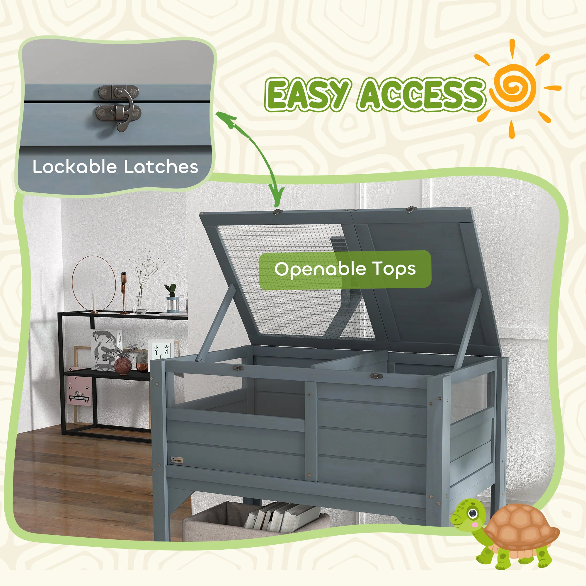 PawHut Wooden Tortoise House w/ Run, Shelter, Shelf, Lamp Holder, Grey - Image 6