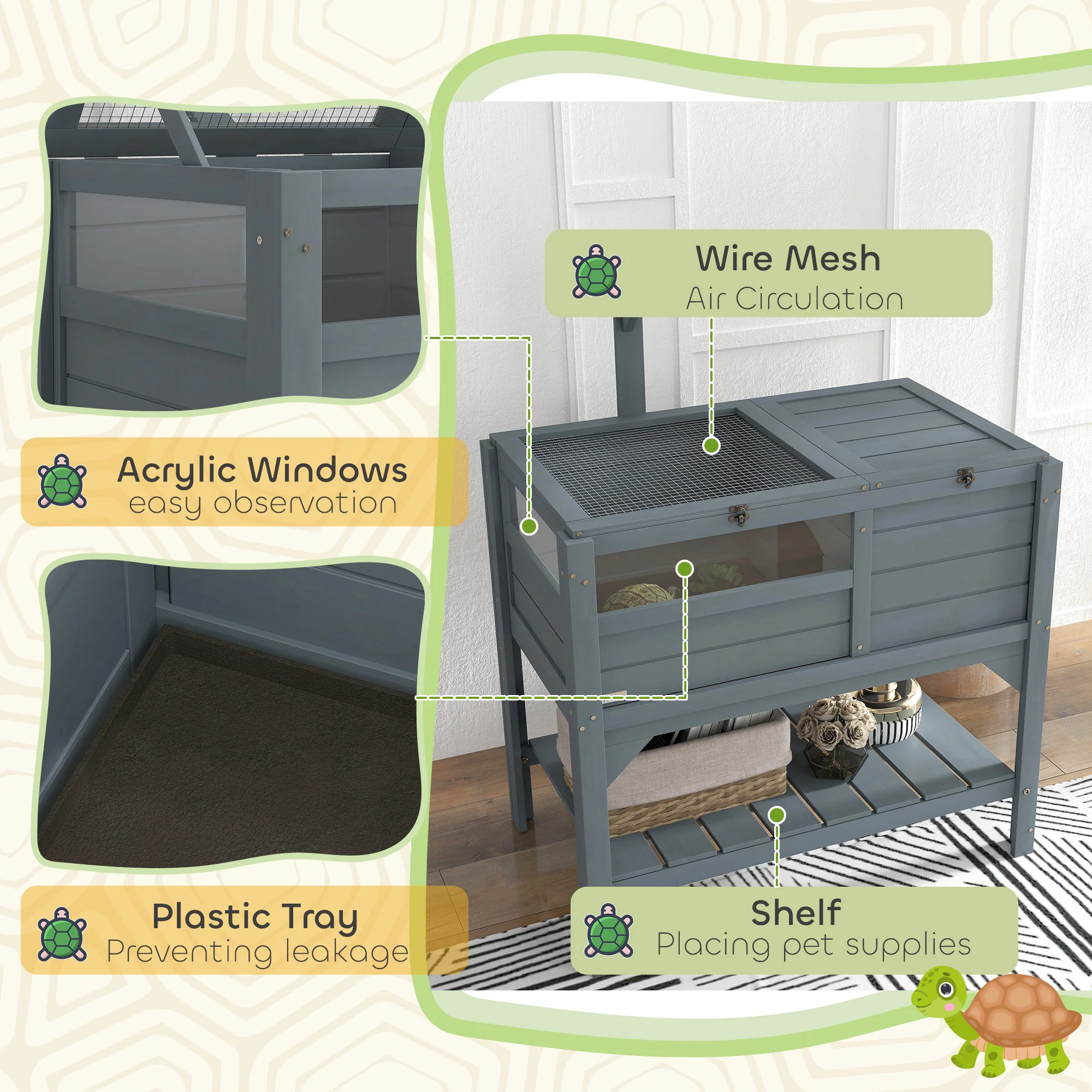PawHut Wooden Tortoise House w/ Run, Shelter, Shelf, Lamp Holder, Grey - Image 7