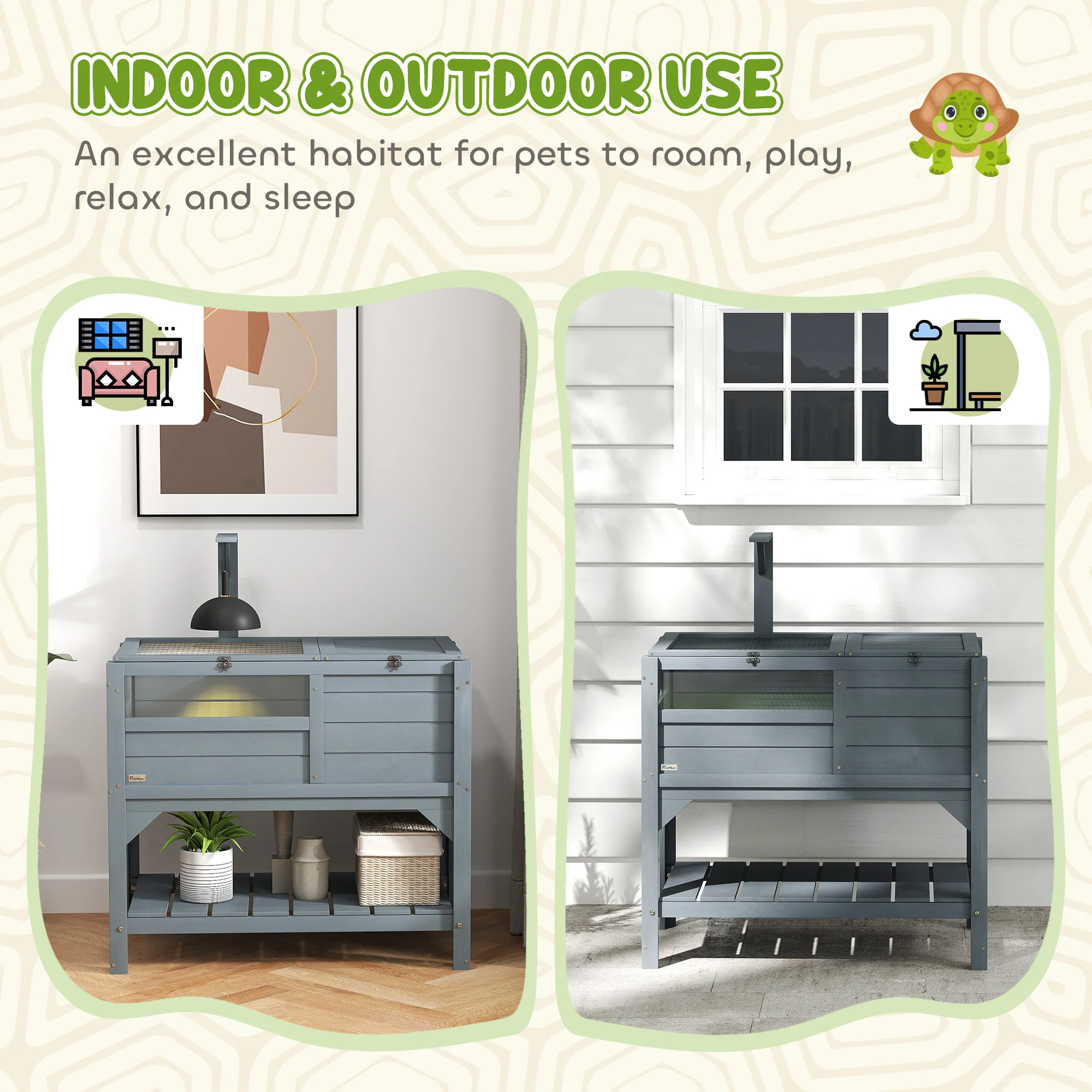 PawHut Wooden Tortoise House w/ Run, Shelter, Shelf, Lamp Holder, Grey - Image 8