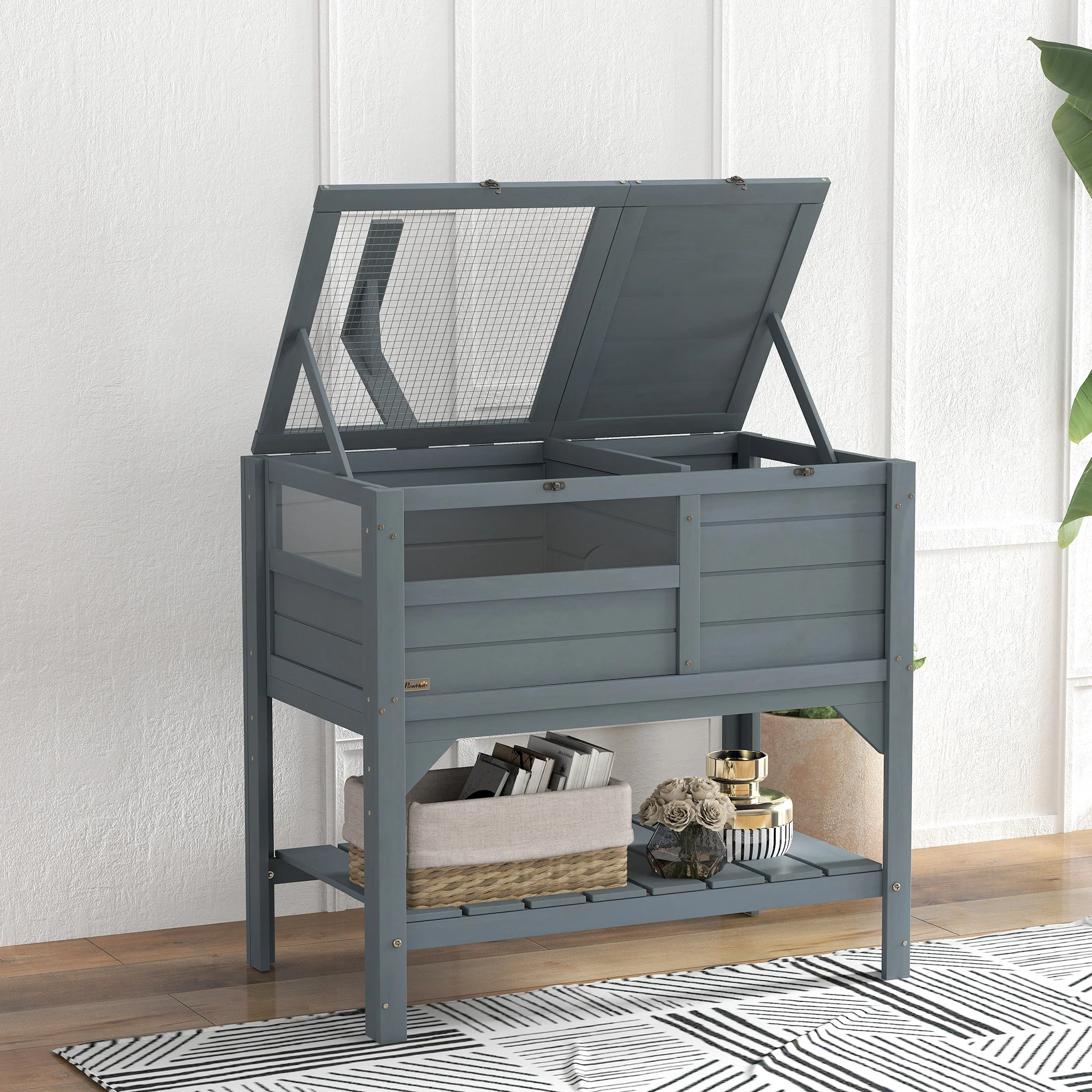 PawHut Wooden Tortoise House w/ Run, Shelter, Shelf, Lamp Holder, Grey - Image 9