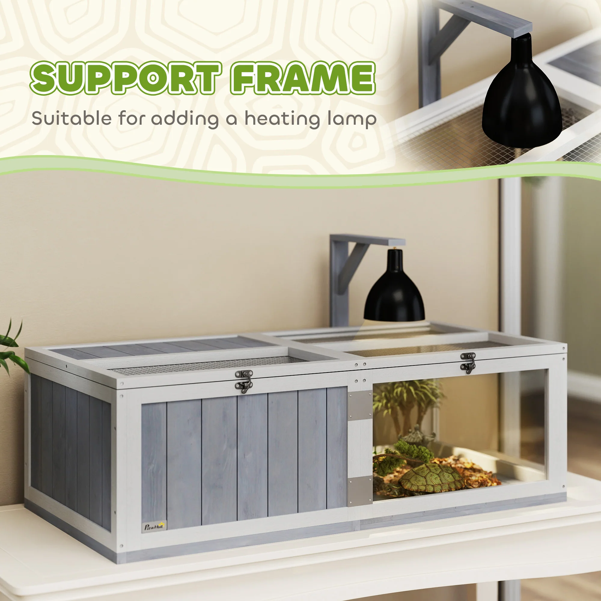 PawHut Wooden Tortoise House with Lamp Holder, Clear Observation Windows - Image 4